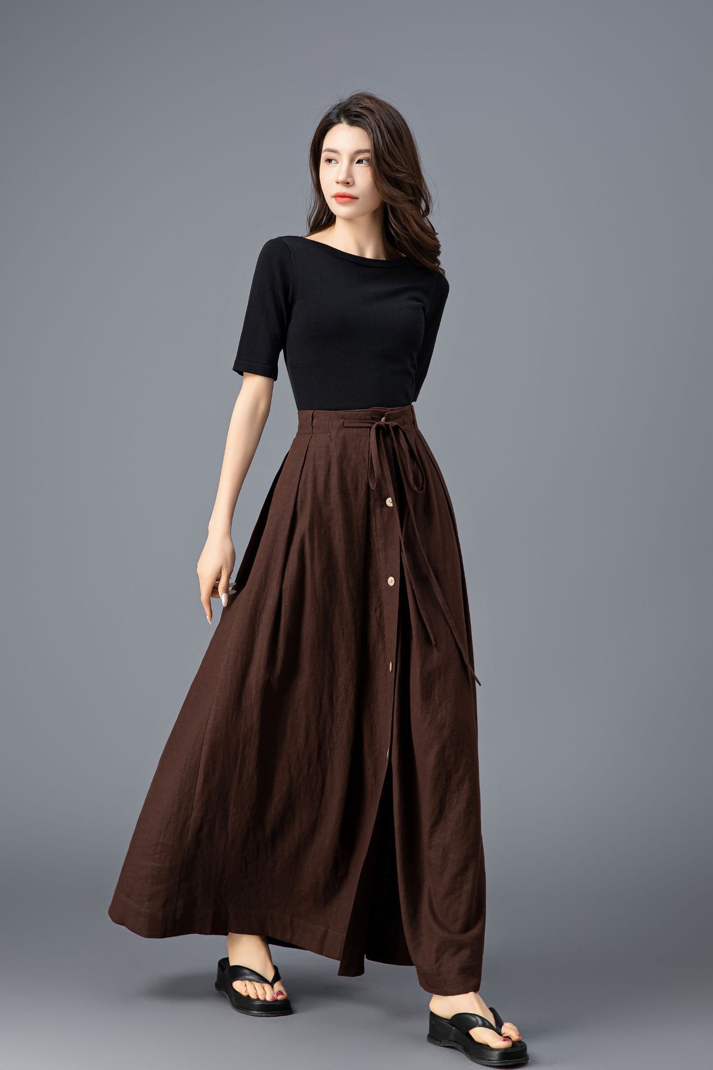 Bohemian Brown Linen Maxi Skirt C3920