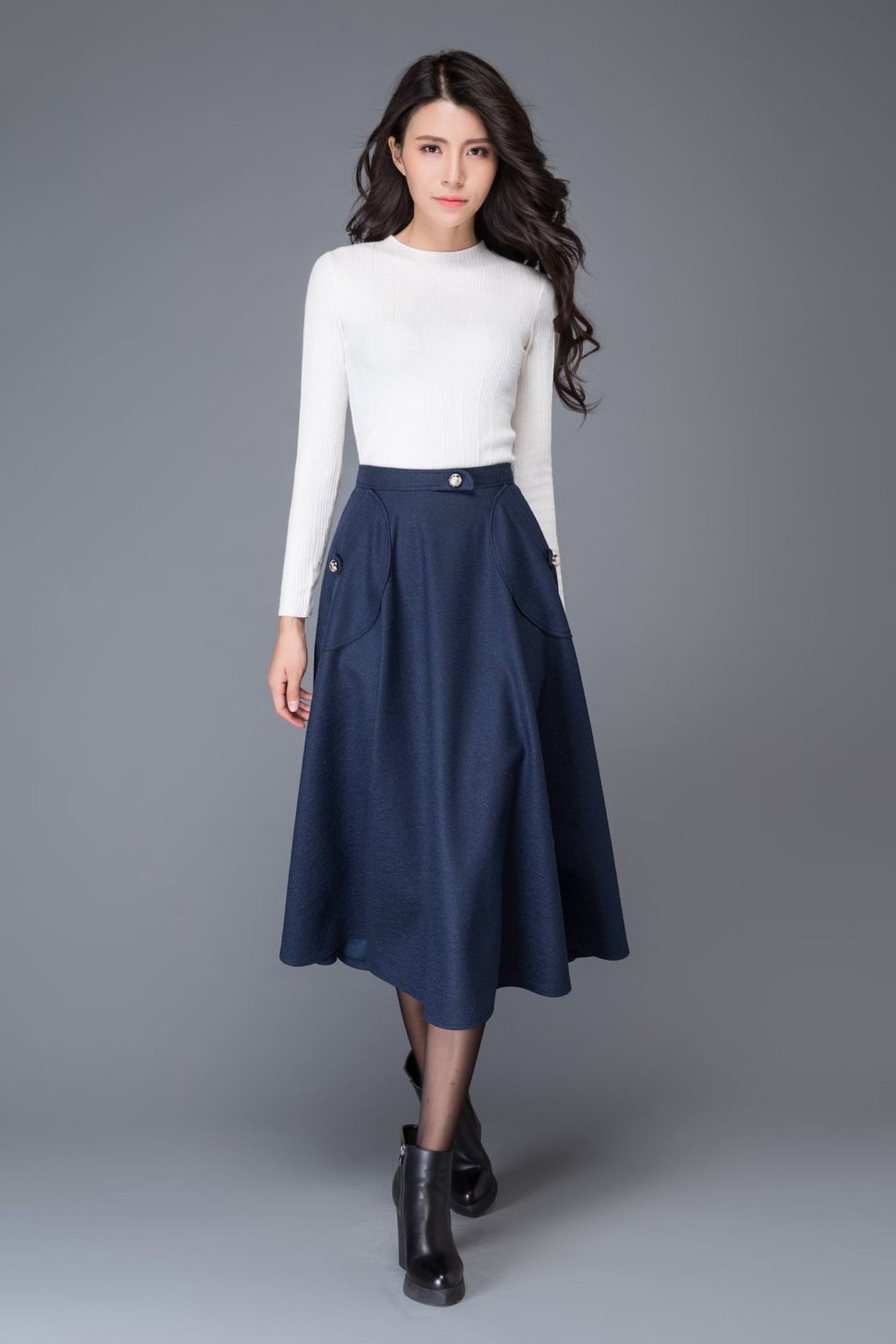 High waist blue midi winter wool skirt C1007