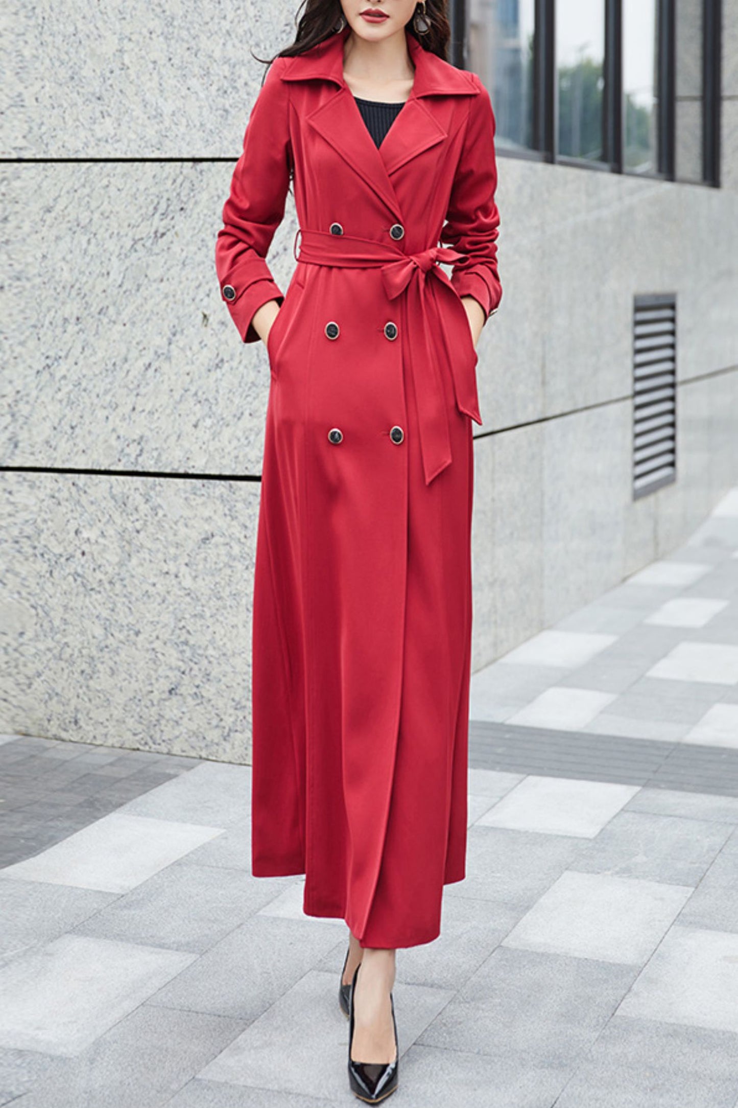 Burgundy women spring and autumn trench coat C4198