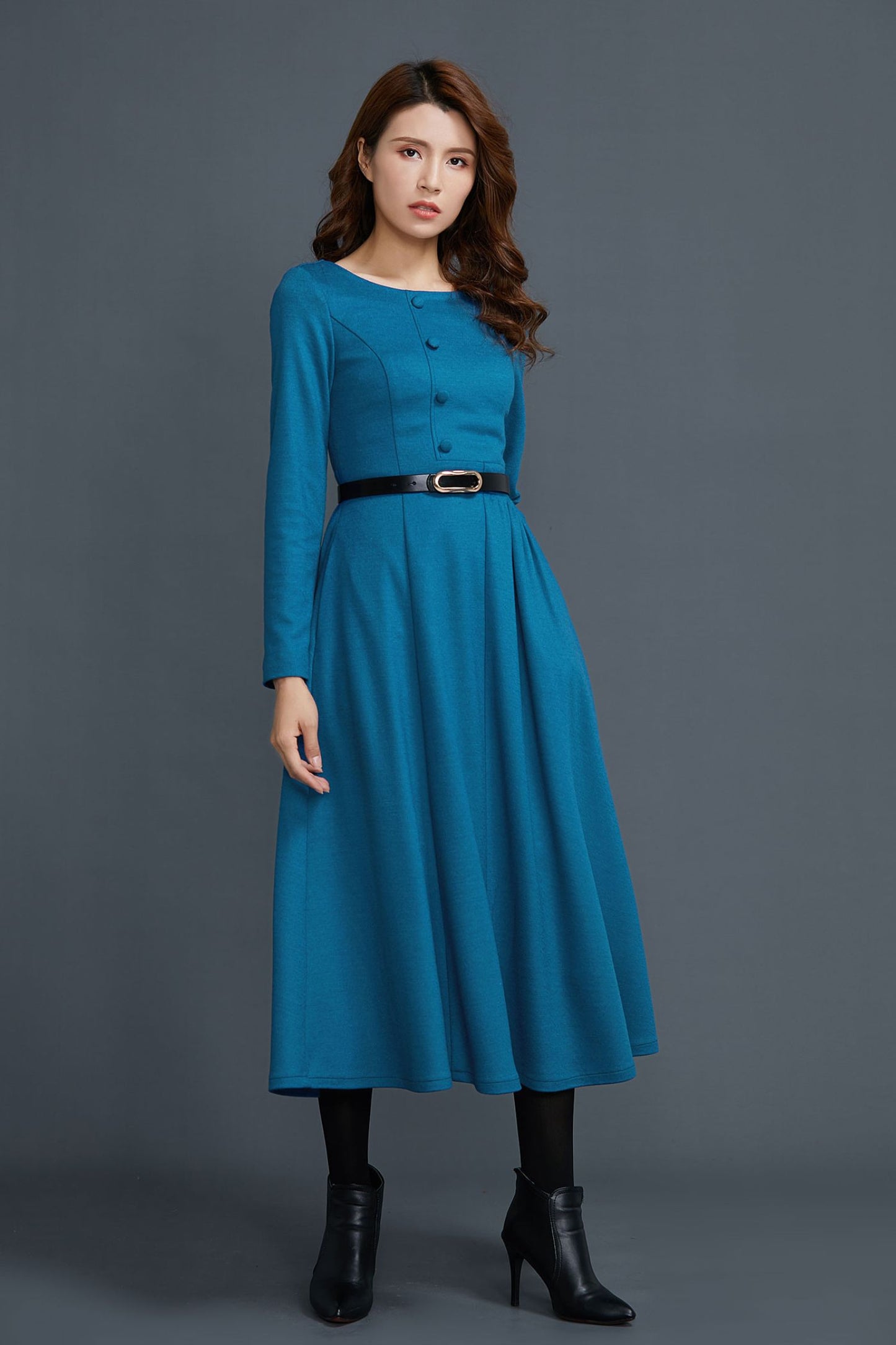 Long sleeves blue midi wool dress women C1654