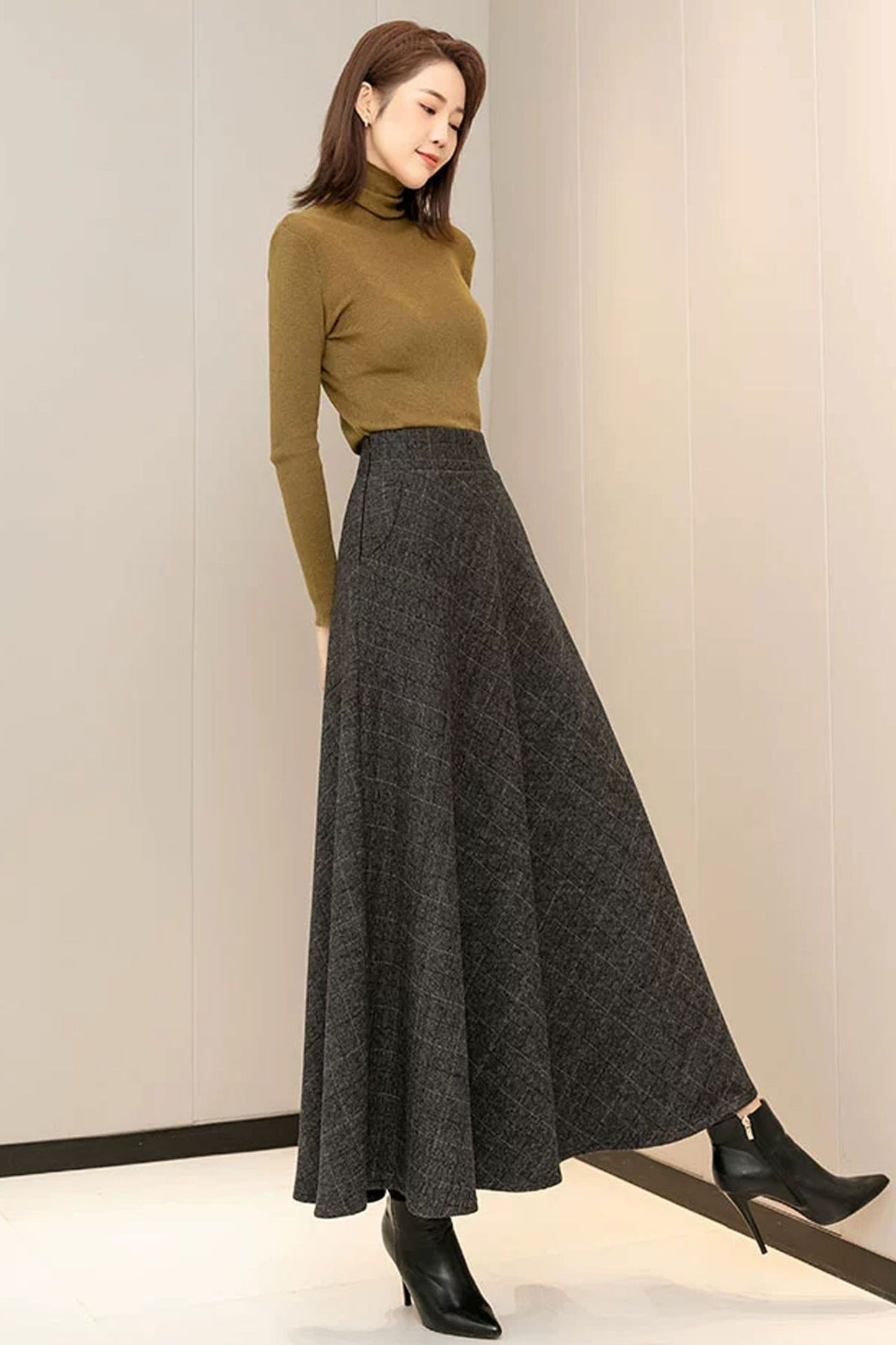 Plaid Wool A Line Skirt C3607