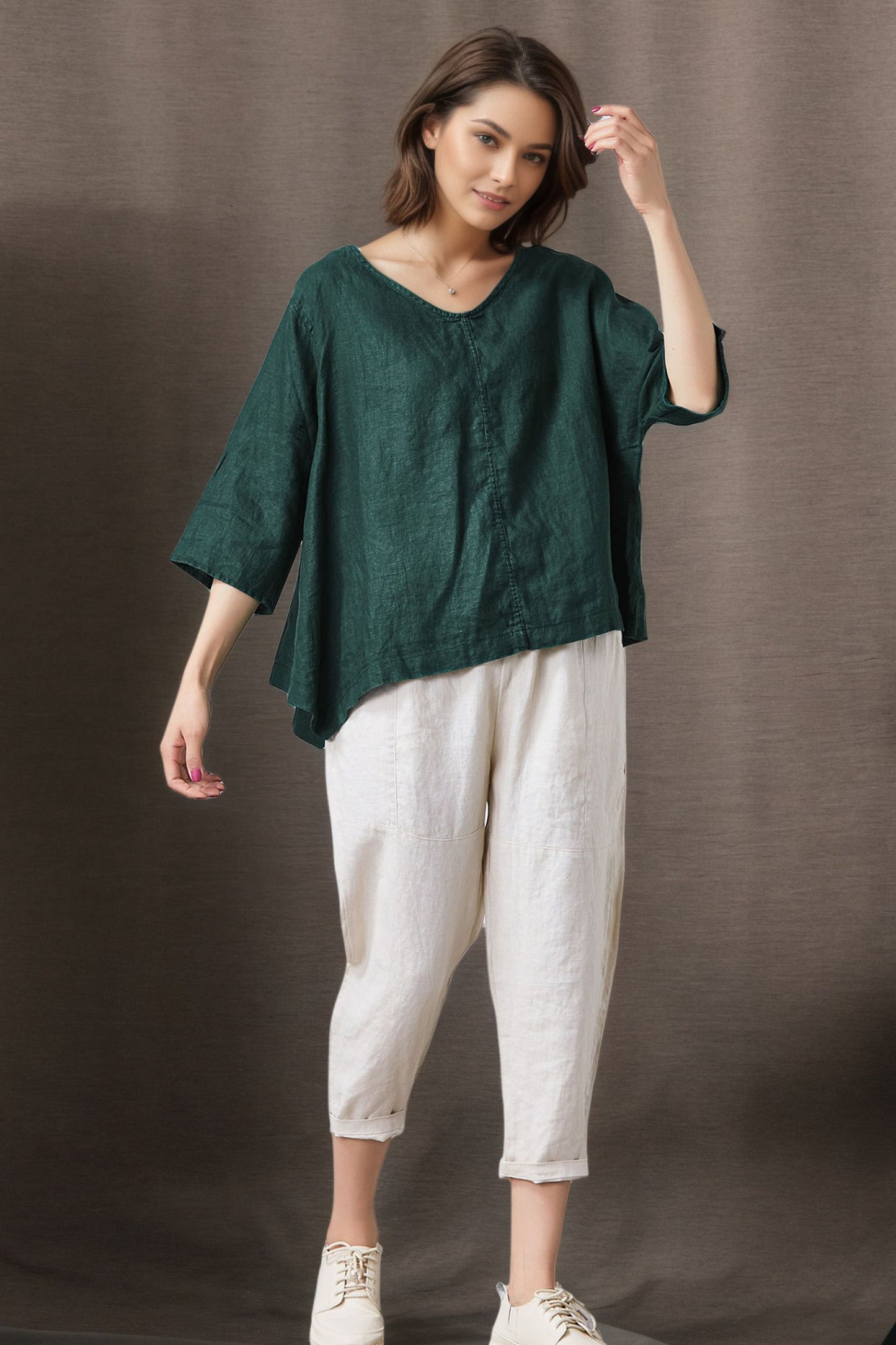 Women's Casual Green Linen Tops C4858