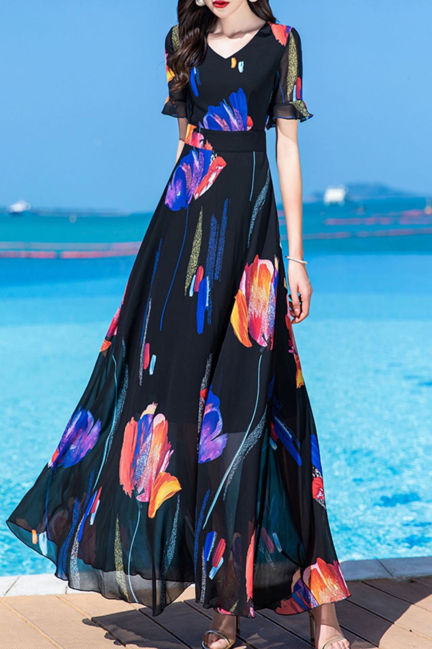 French super long summer chiffon dress C4032