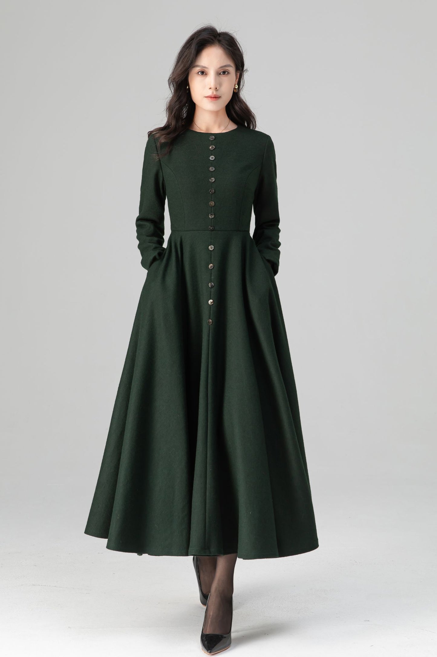 Retro Button Down Dark Green Midi Maxi Wool Dress C5202