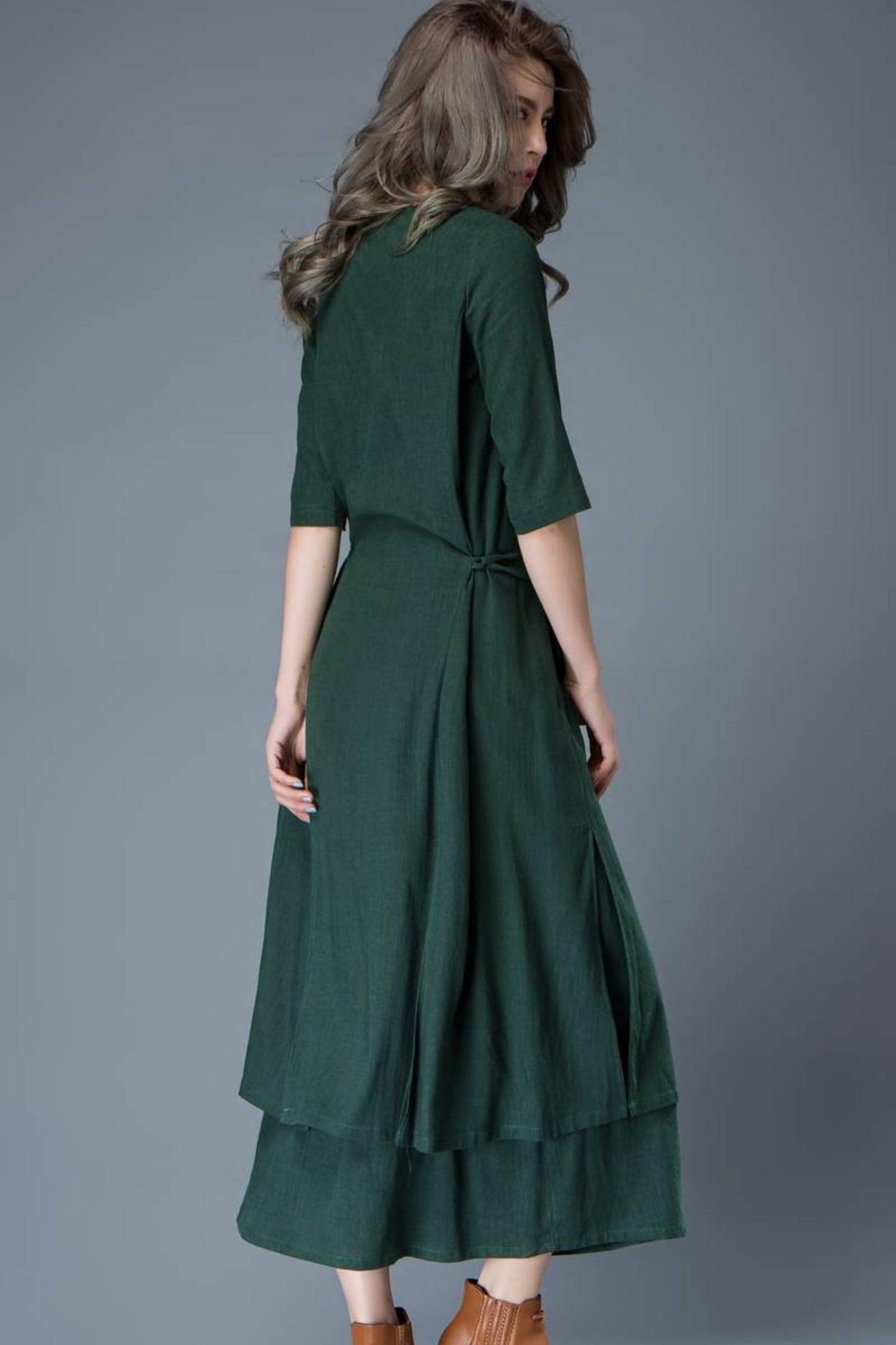 Emerald Green Loose-Fitted Layered Long Length Woman's Dress with Half Sleeves C806