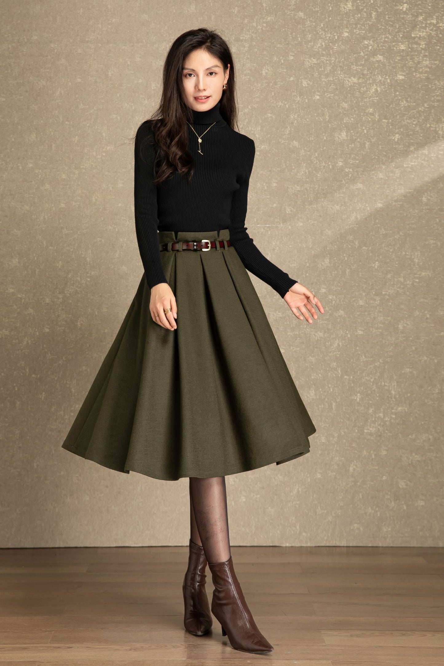 Army green pleating winter wool skirt C4486