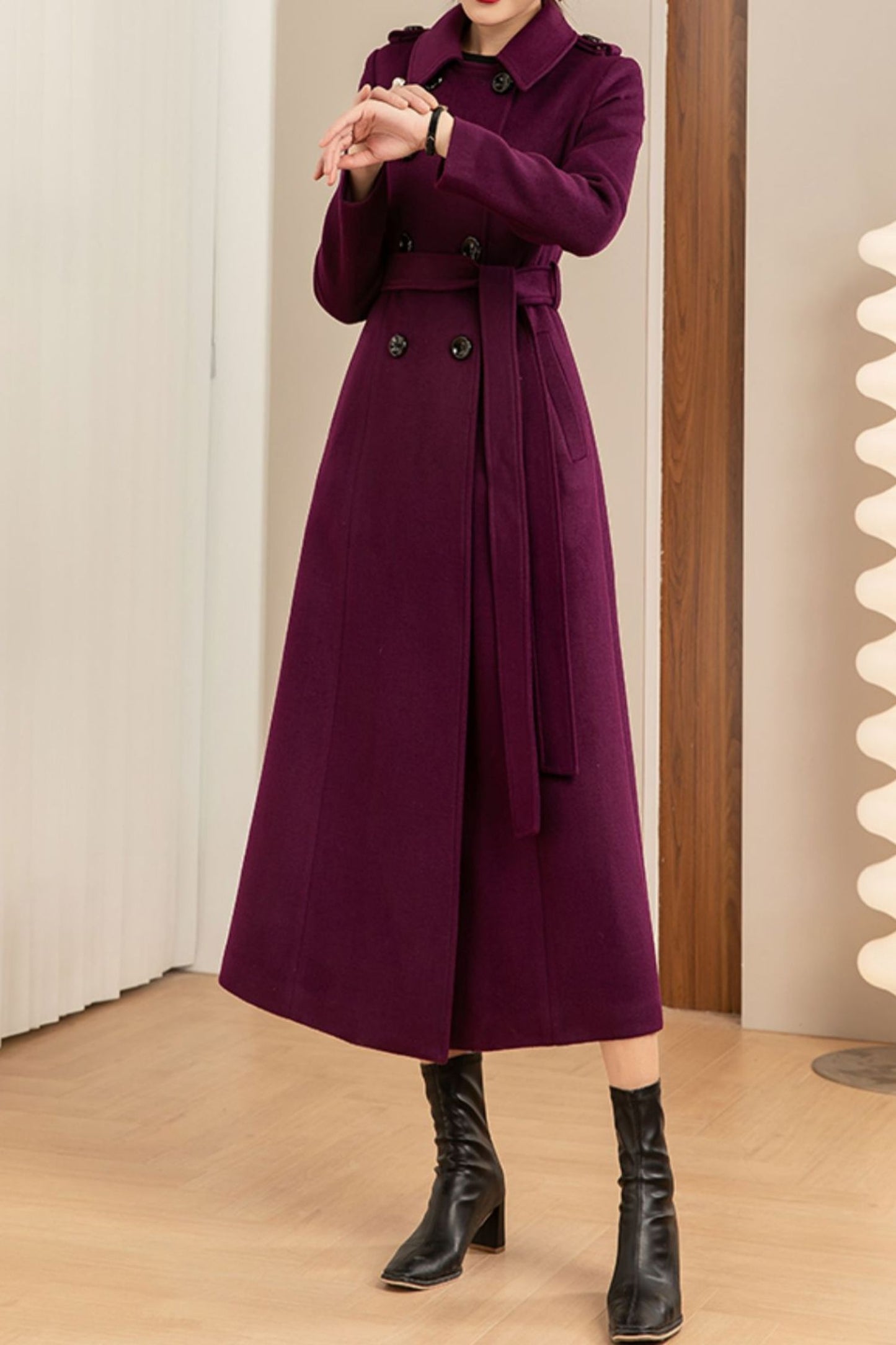 Purple winter double-breasted long coat C4146