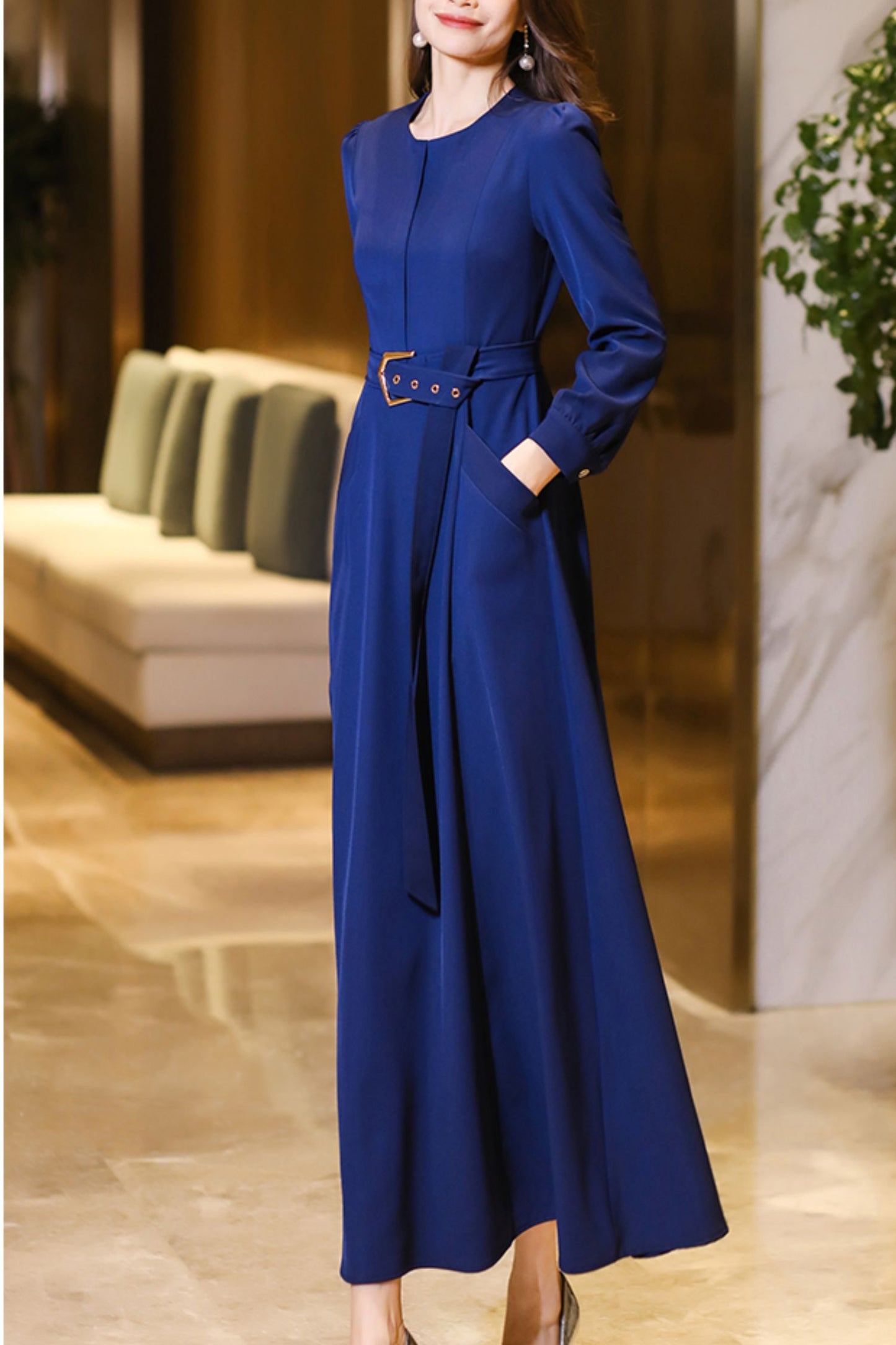 Navy blue long-sleeved spring and autumn dress C4192
