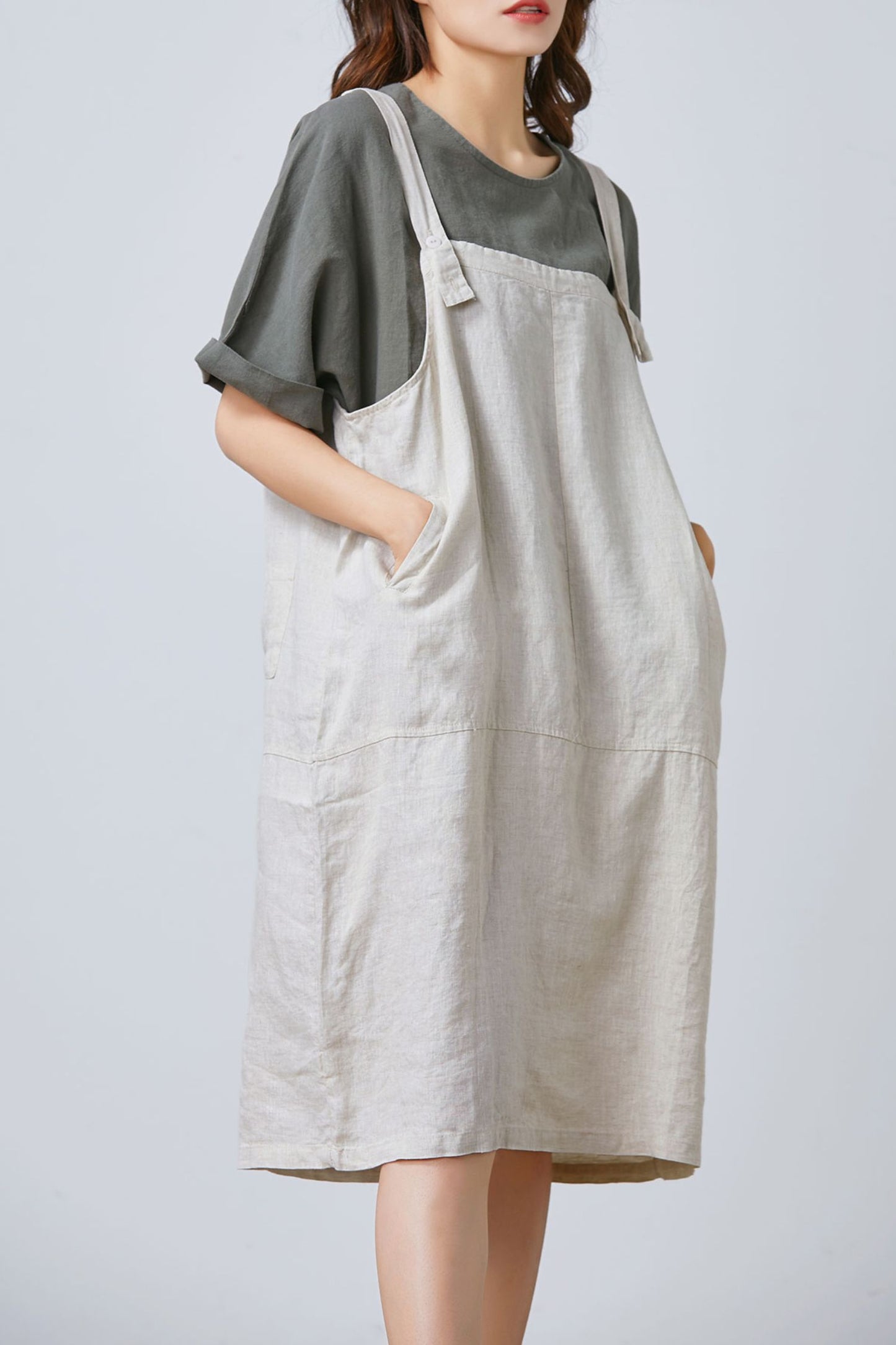 Women Casual Linen Vest Dress Strap Dress Loose Overalls With Pockets C1675