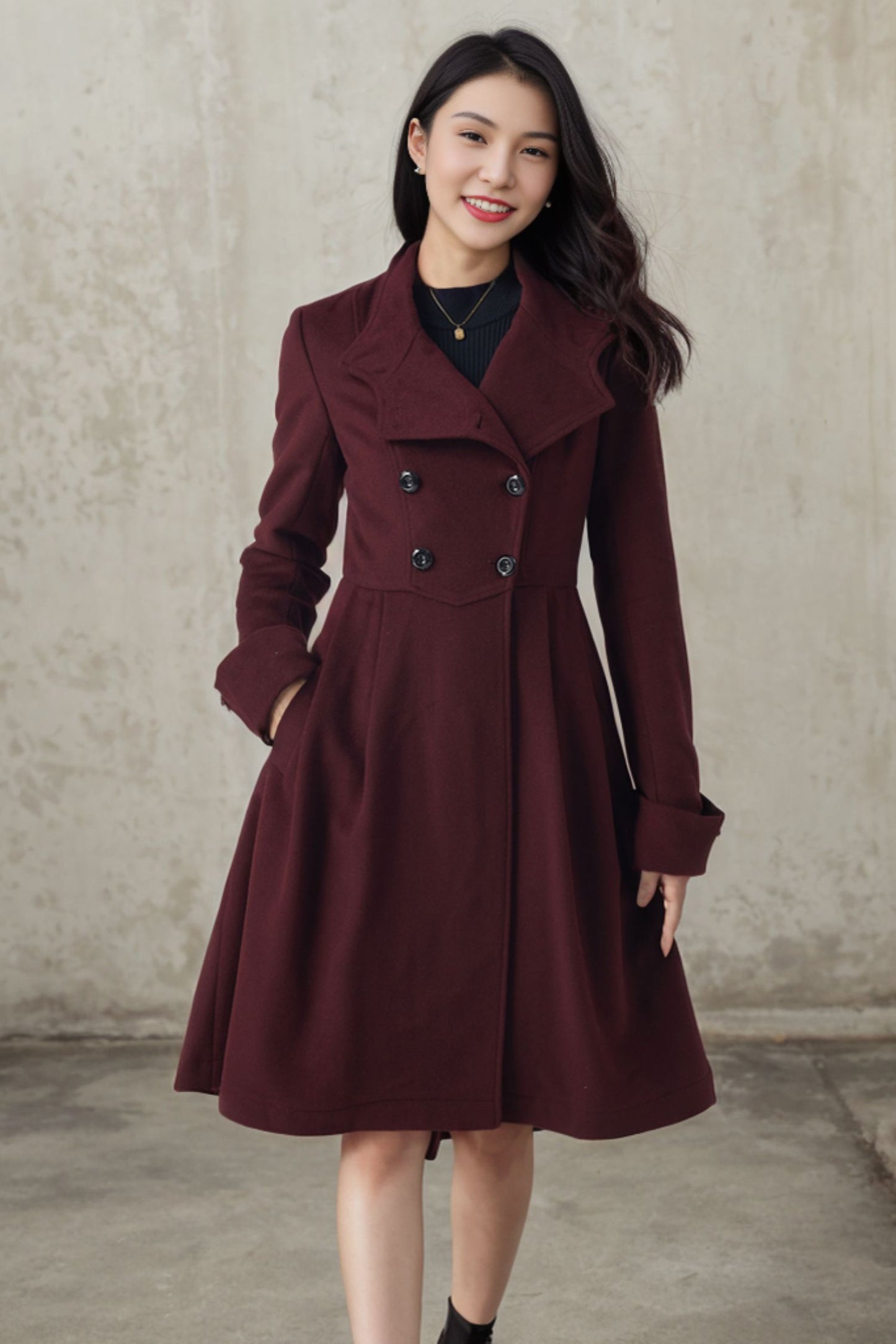 Burgundy Double Breasted Wool Coat Women C4409