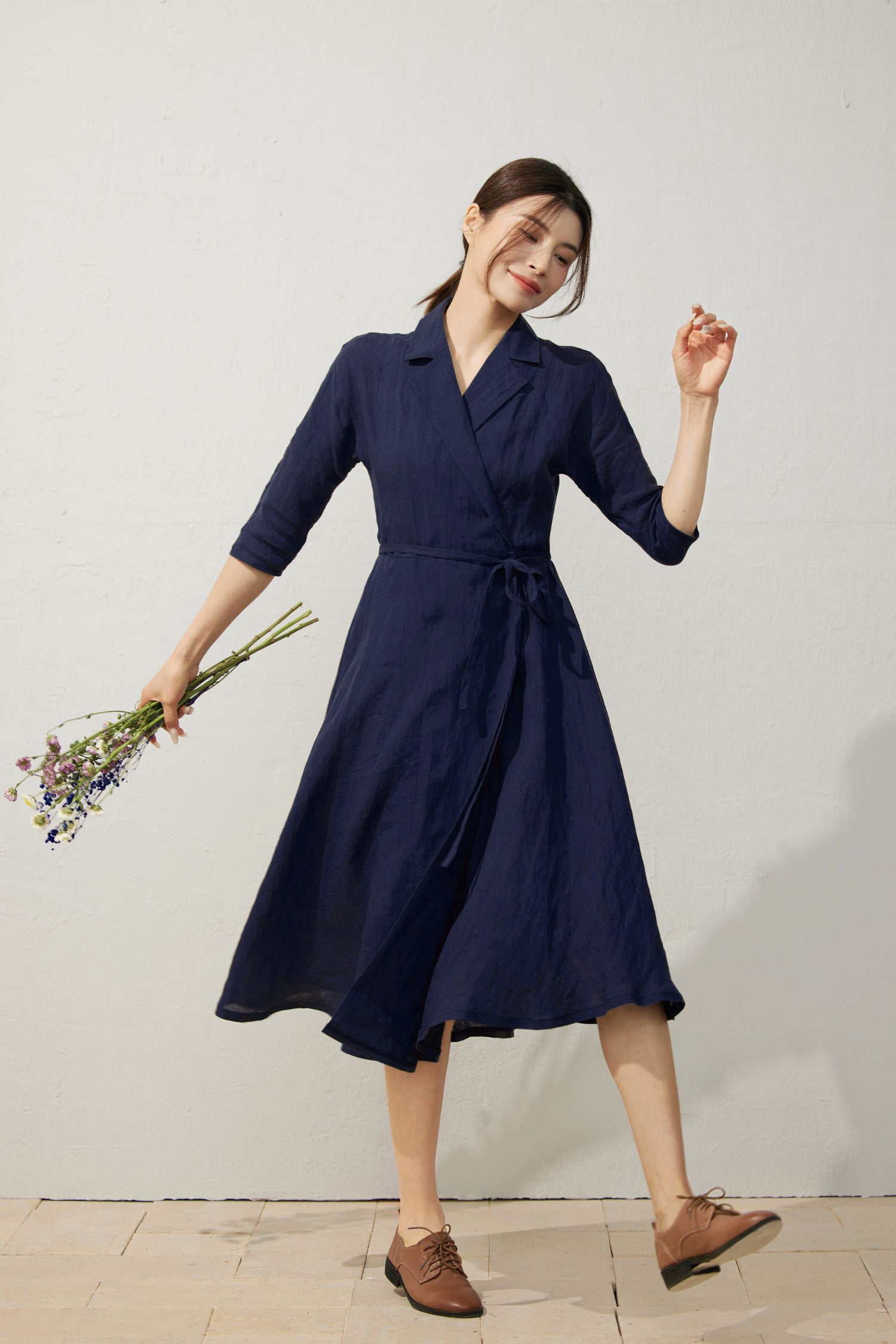 navy wrap midi dress Blue Linen with Belted Waist and Notched Collar Navy / L Color:White/Print Women's Tall Lime Frilled Easter26 Loosely Fitted