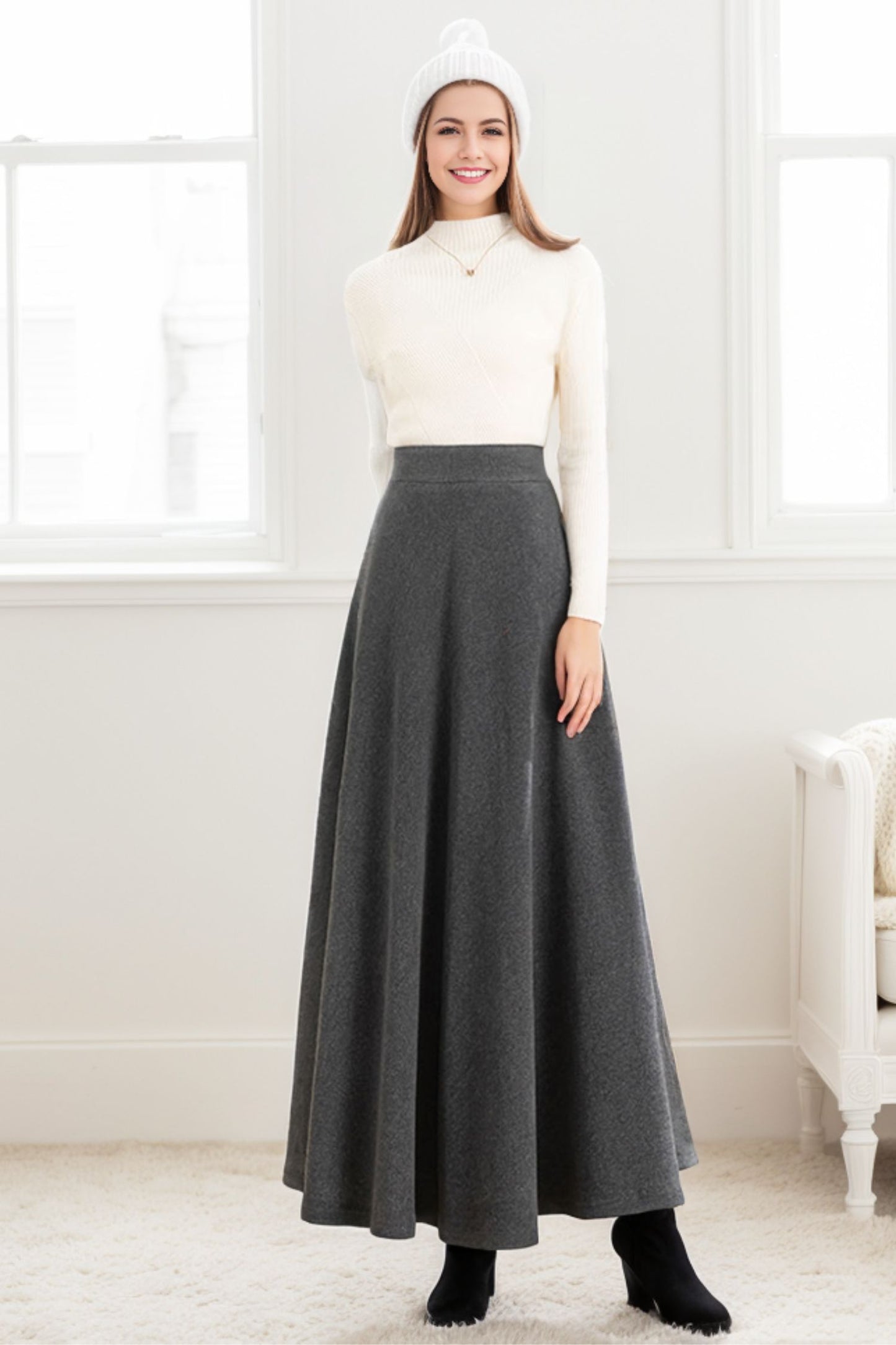 Long Wool A-Line Maxi Skirt With Pockets C4263
