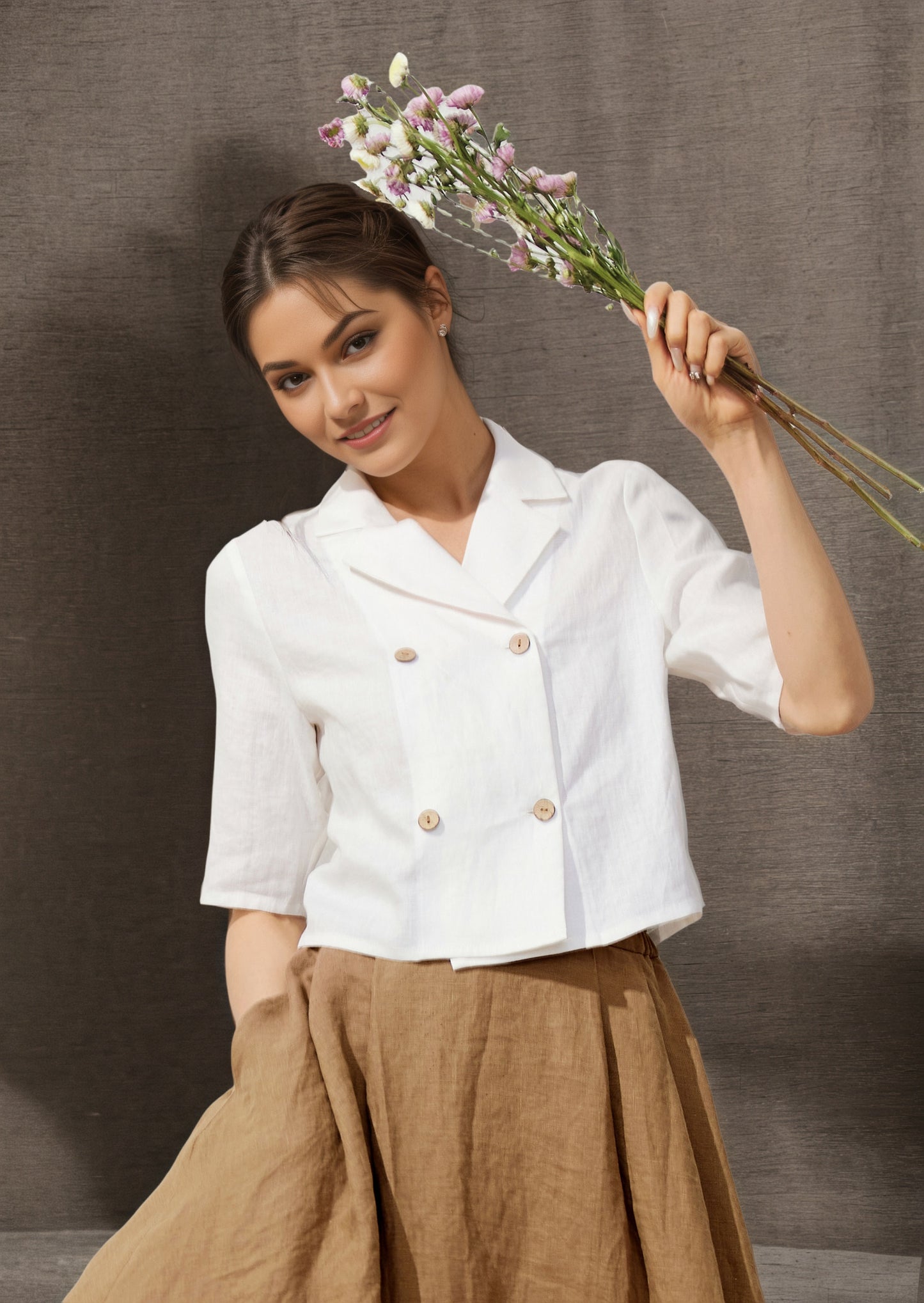 White Double Breasted Linen Shirt C4848