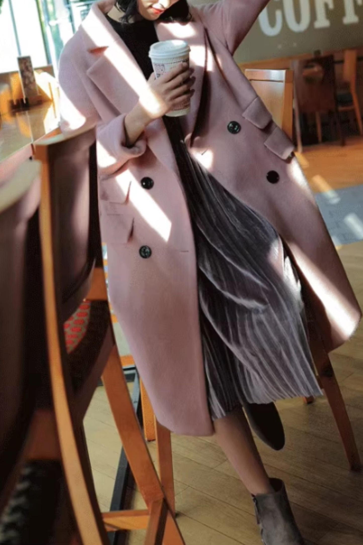 Pink warm long trench wool coat C5162