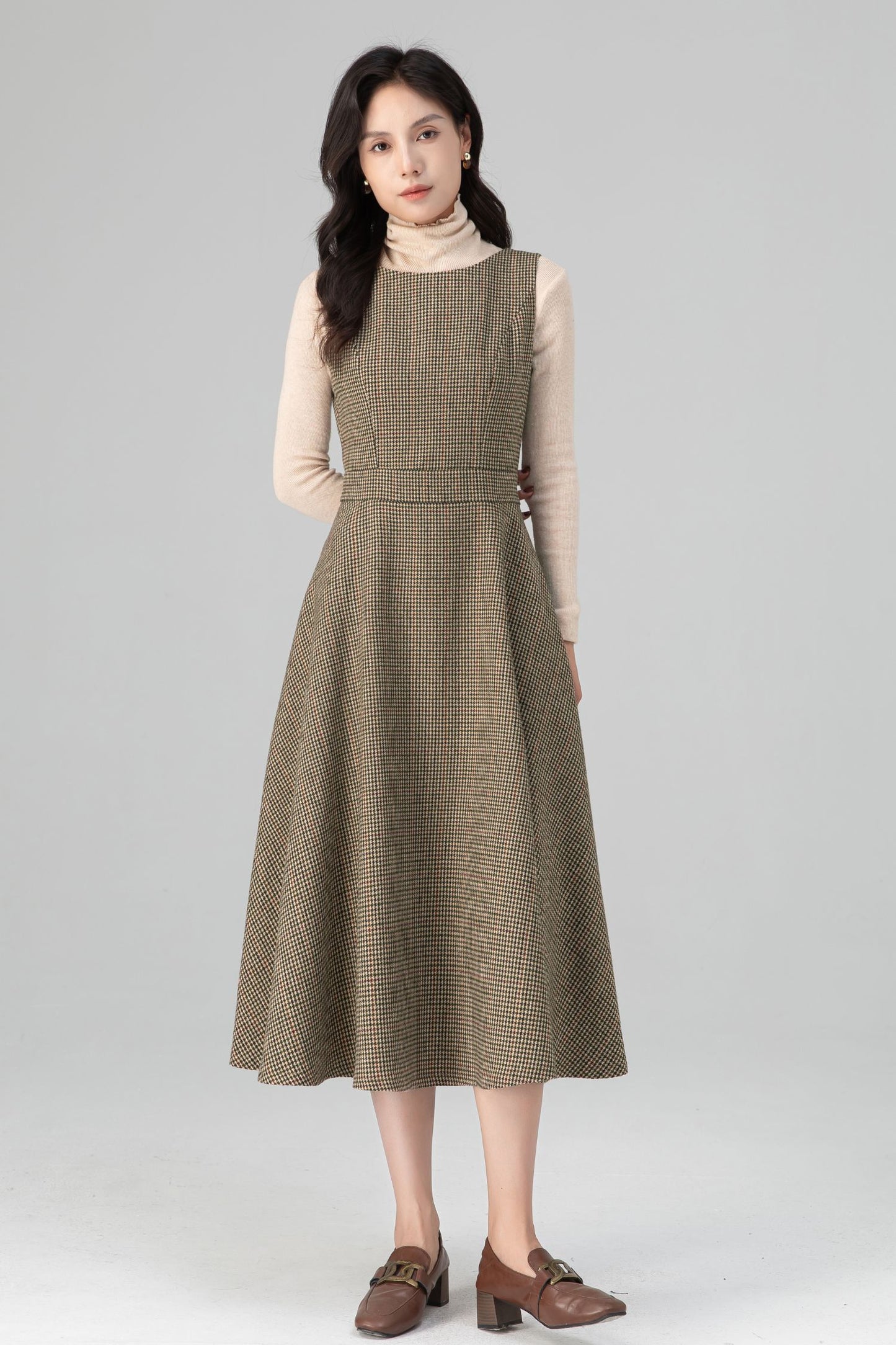 Autumn-Winter Plaid Sleeveless Midi Wool Dress C5206