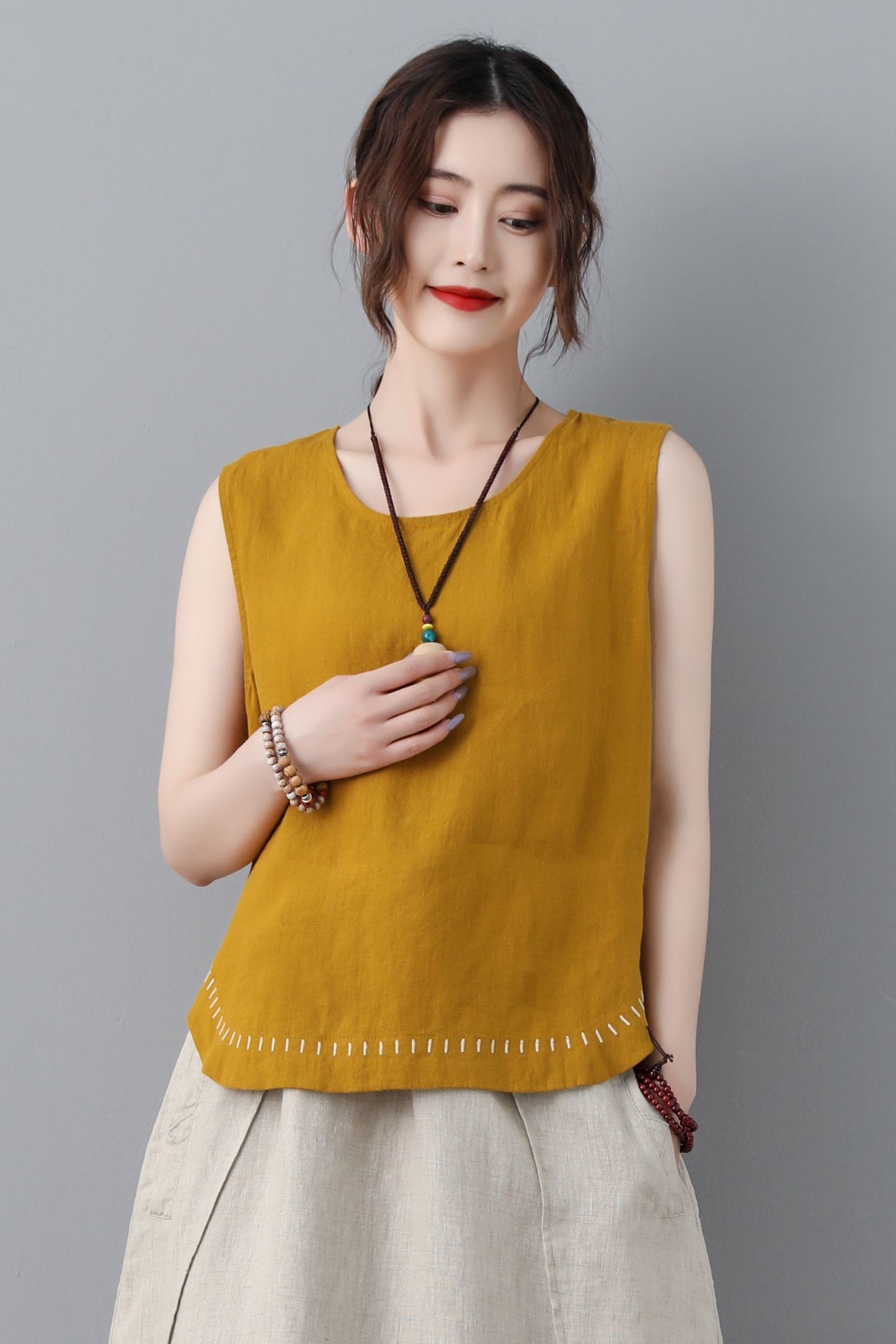 Yellow summer linen tank top women C2349