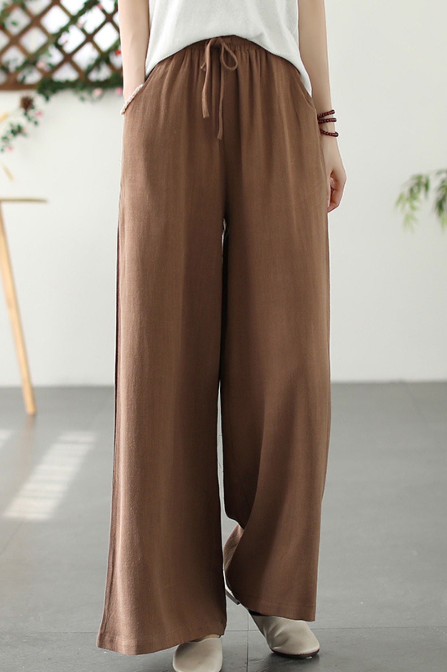 loose cotton linen solid wide leg pants L0619