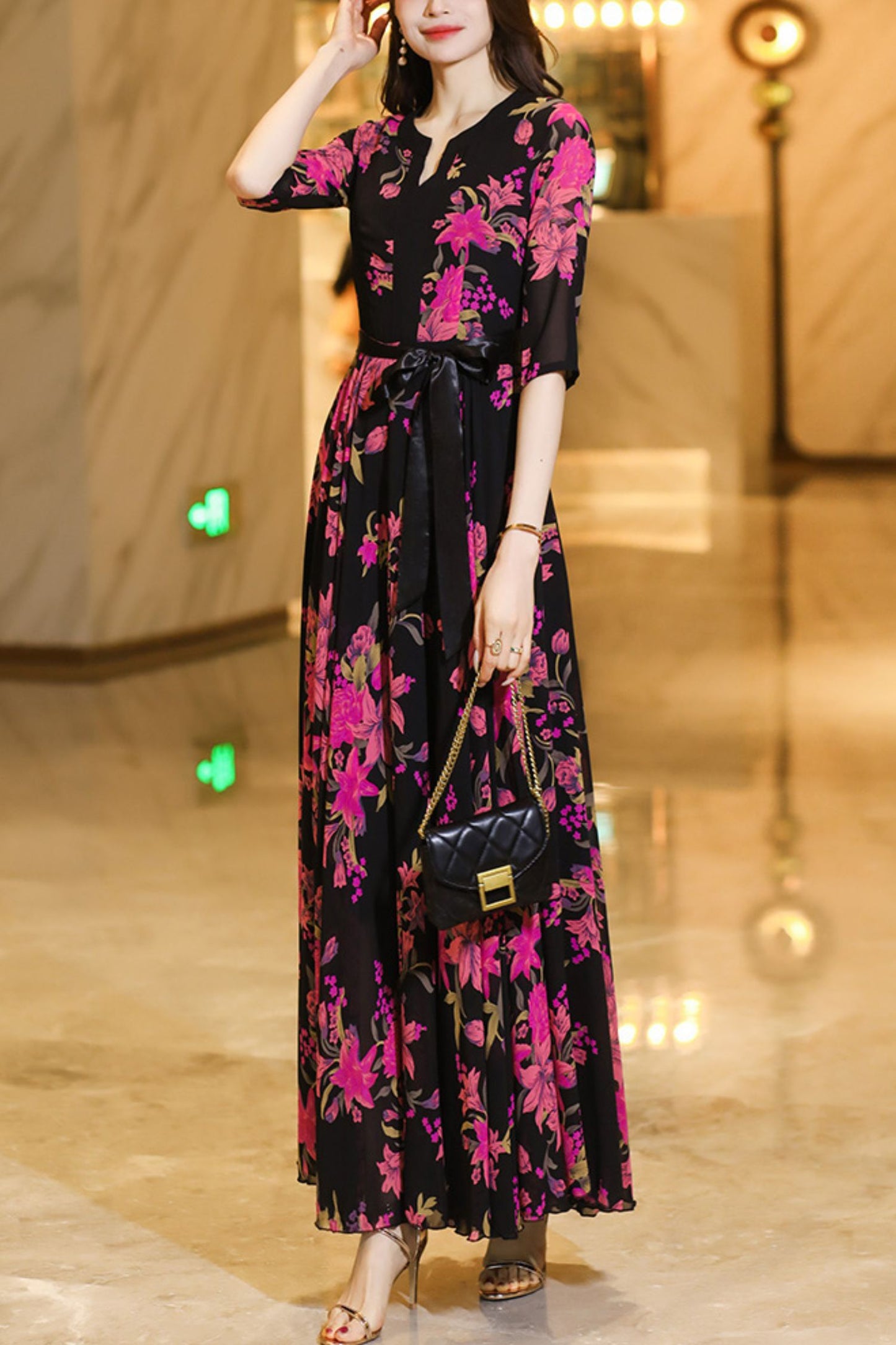 Summer black chiffon floral dress C4106