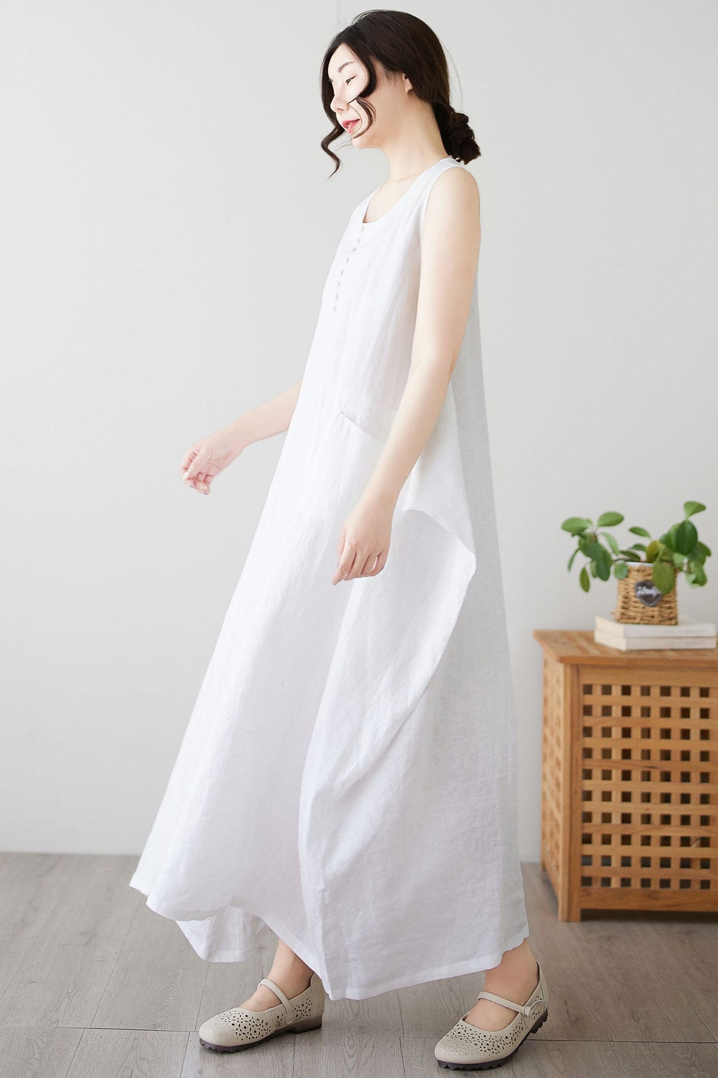 Women's Summer White Long Linen dress c4897