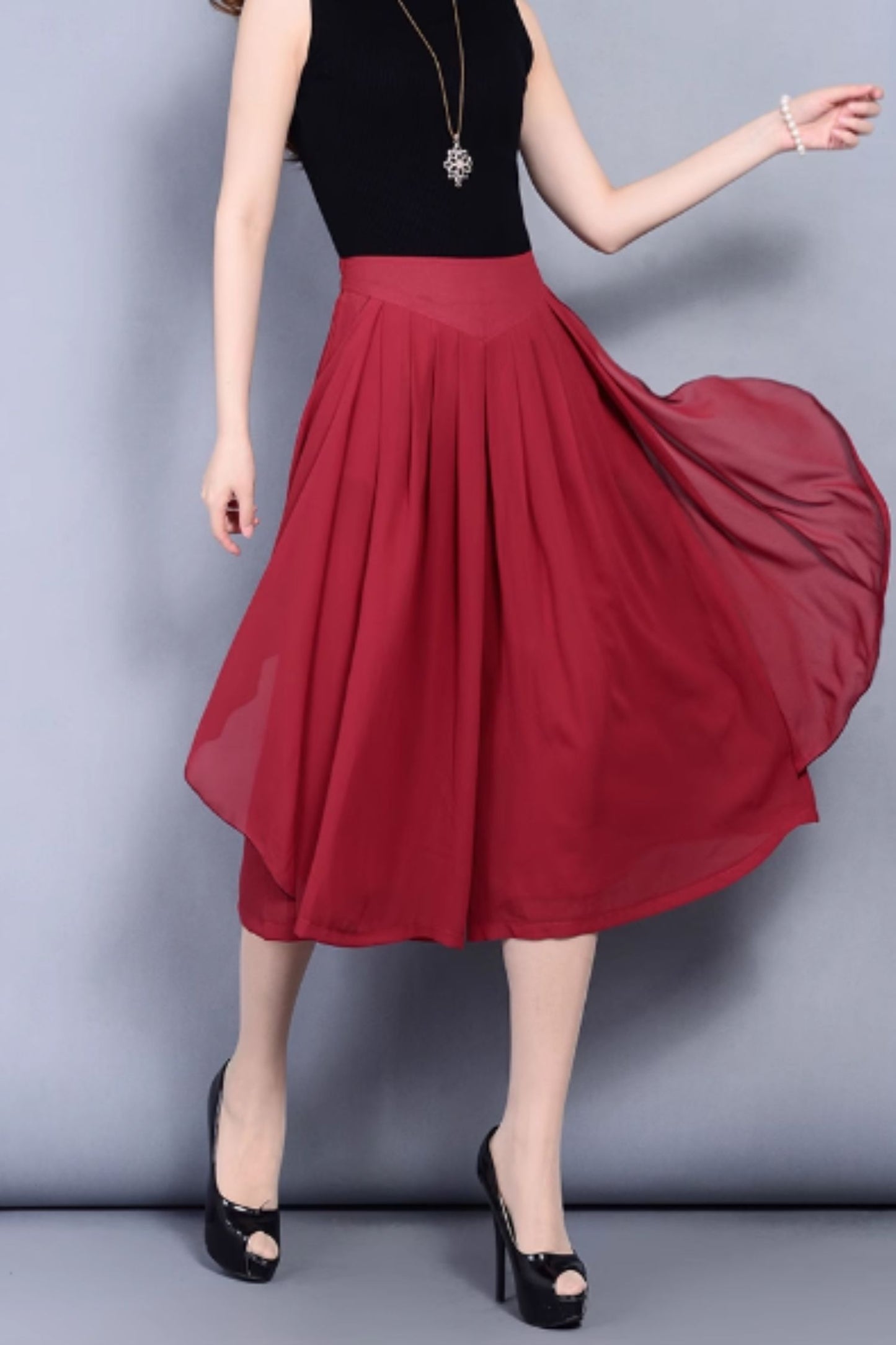 Wide leg midi chiffon pants women C4911