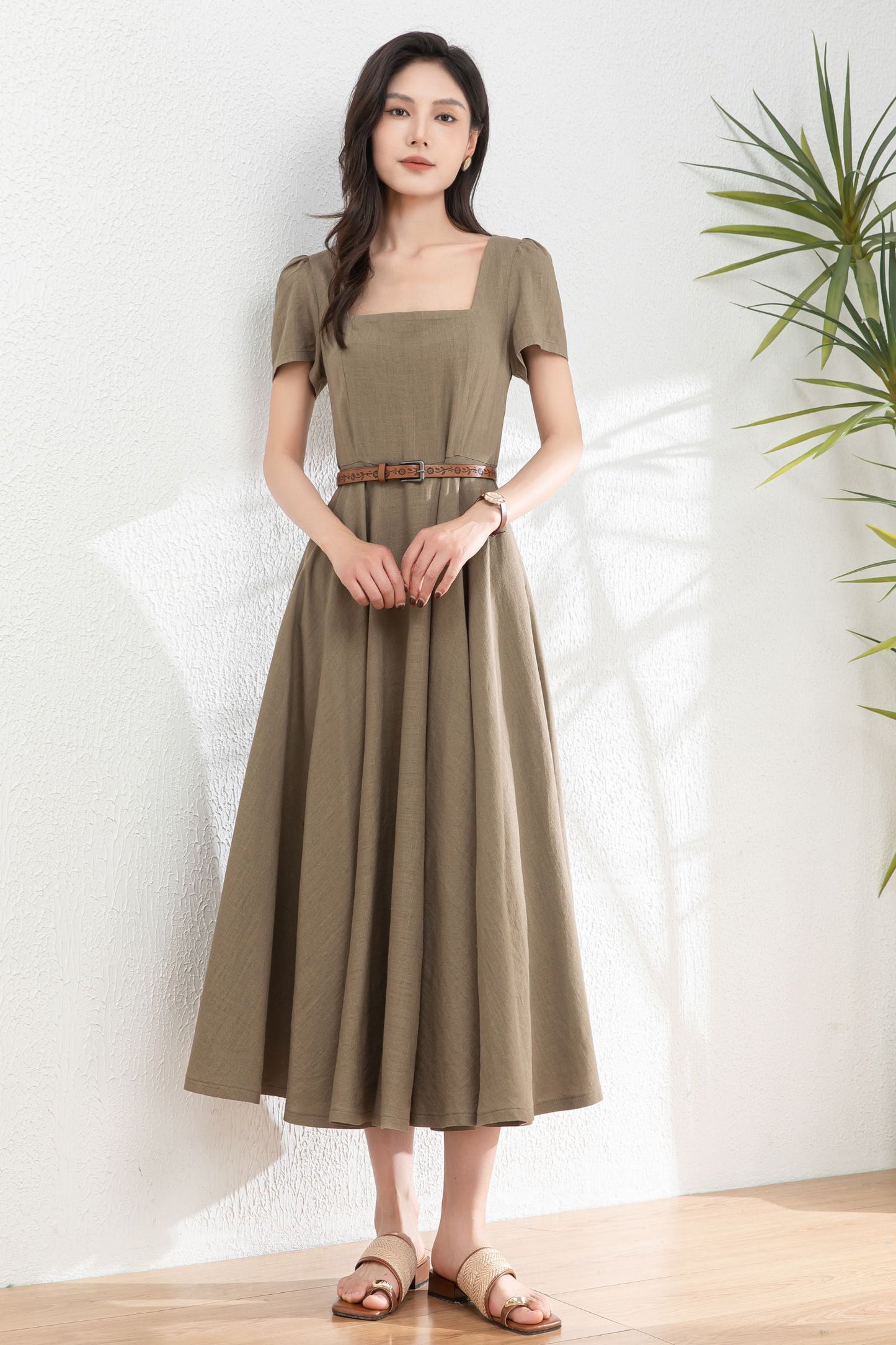 Womens Summer Green Linen Dress c4985
