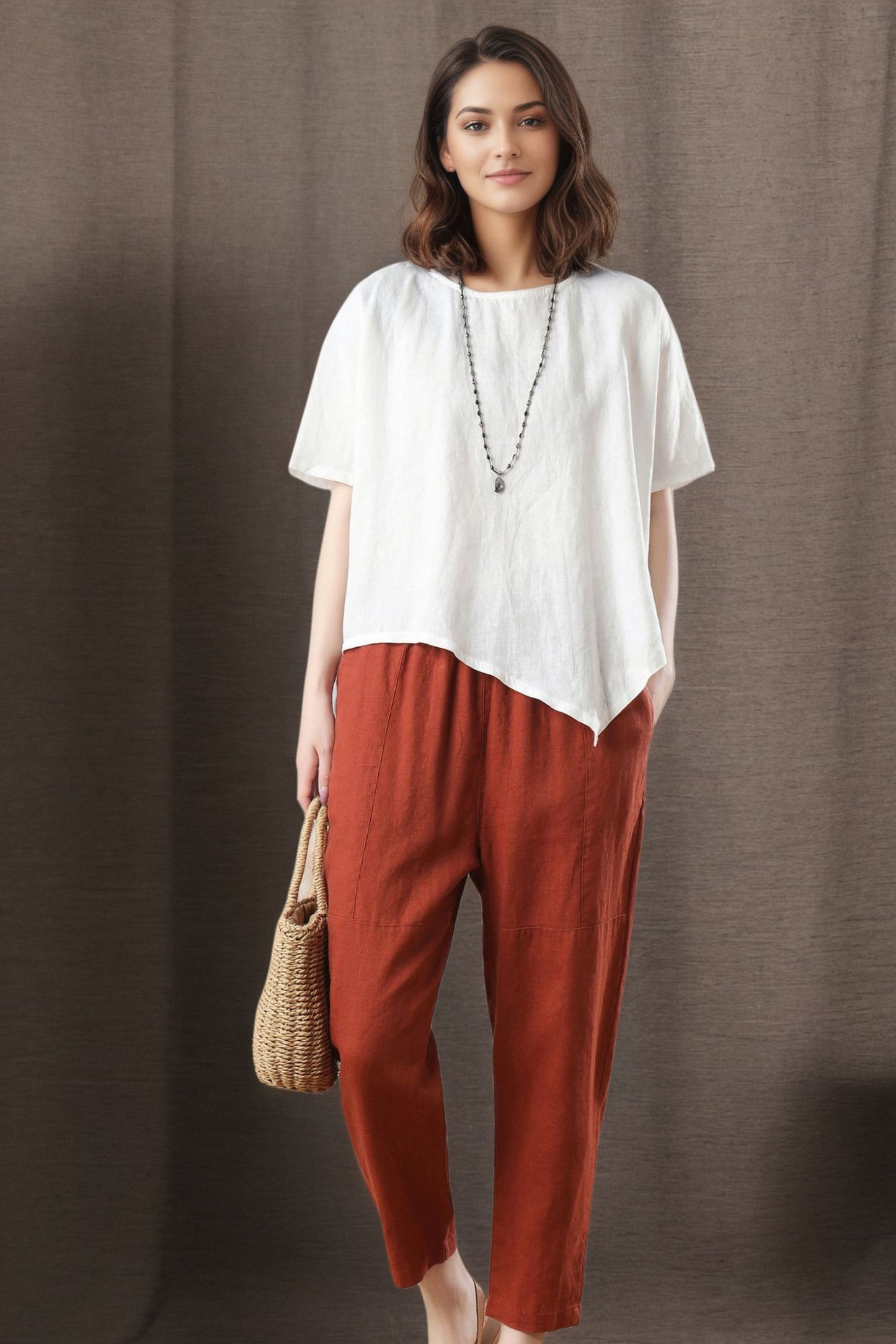 Women's Asymmetrical Linen Tops C4847