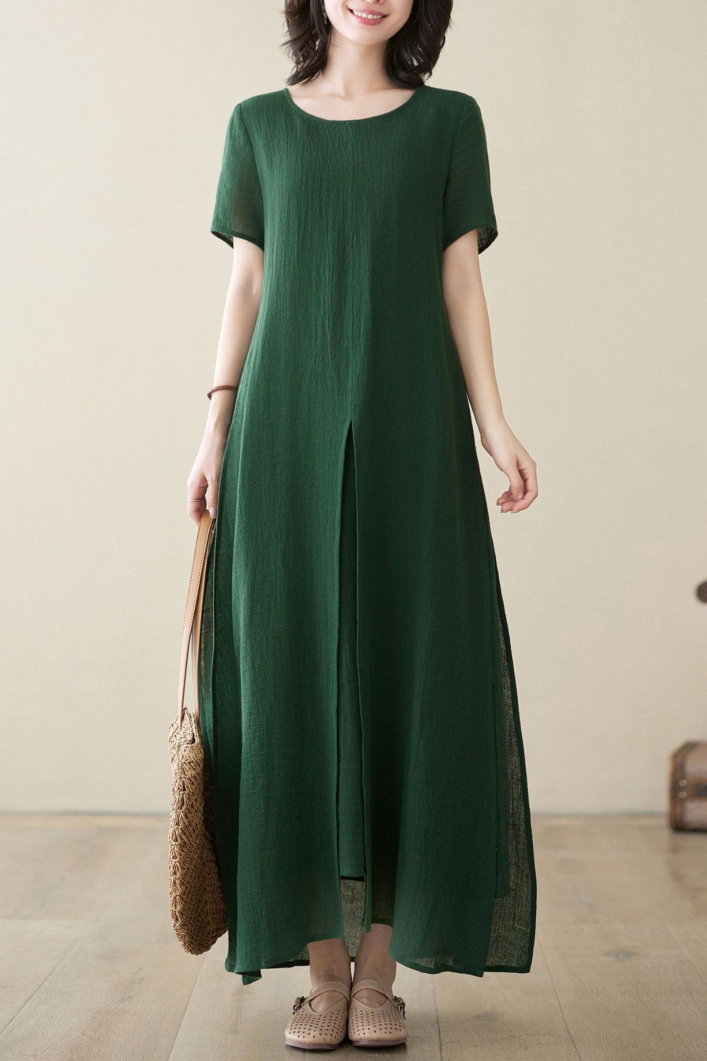 Women Loose fit Linen Short Sleeve Maxi Dress C3949