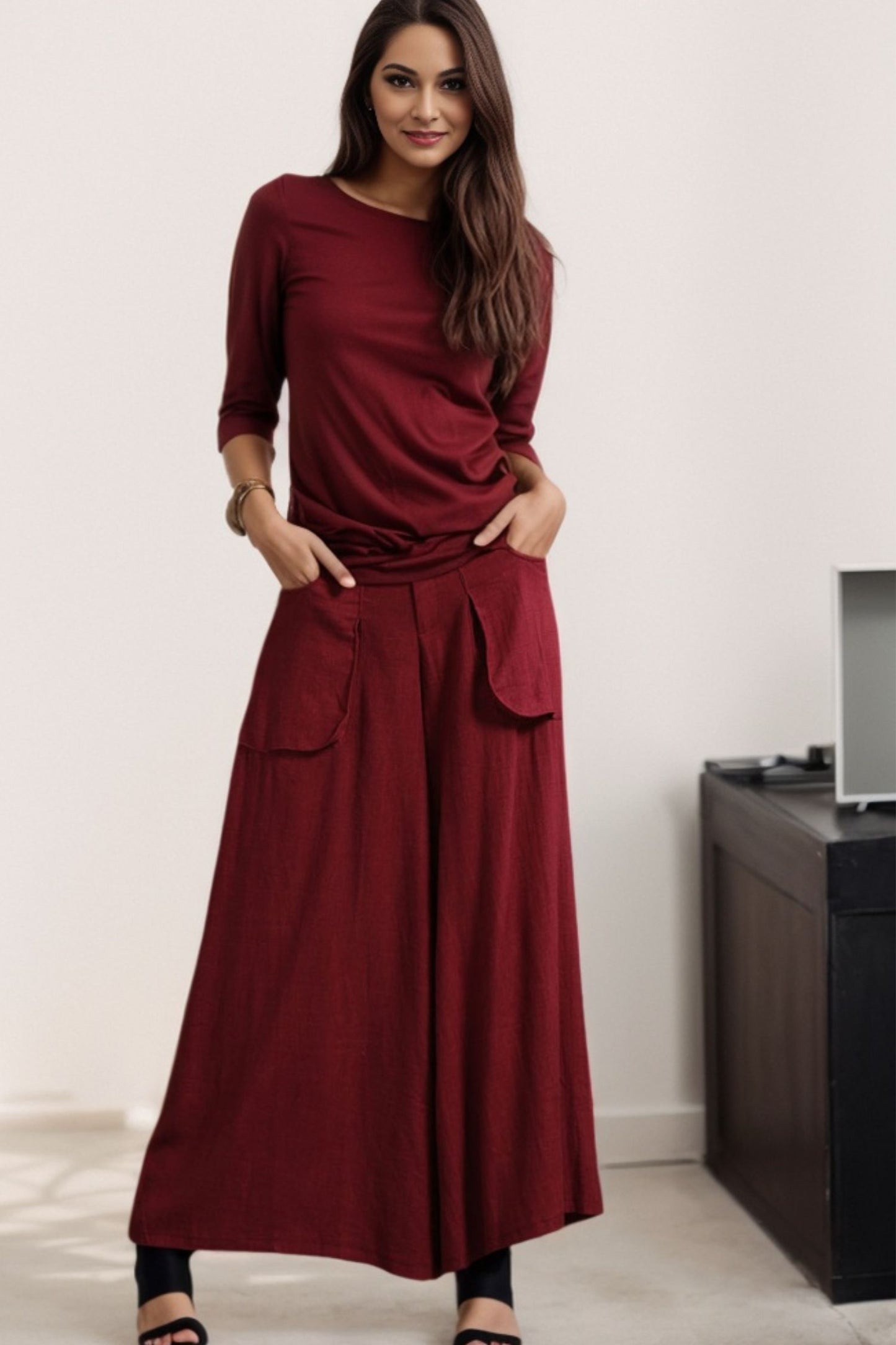 Fall winter Burgundy Wide Leg Long Linen Pants c4548