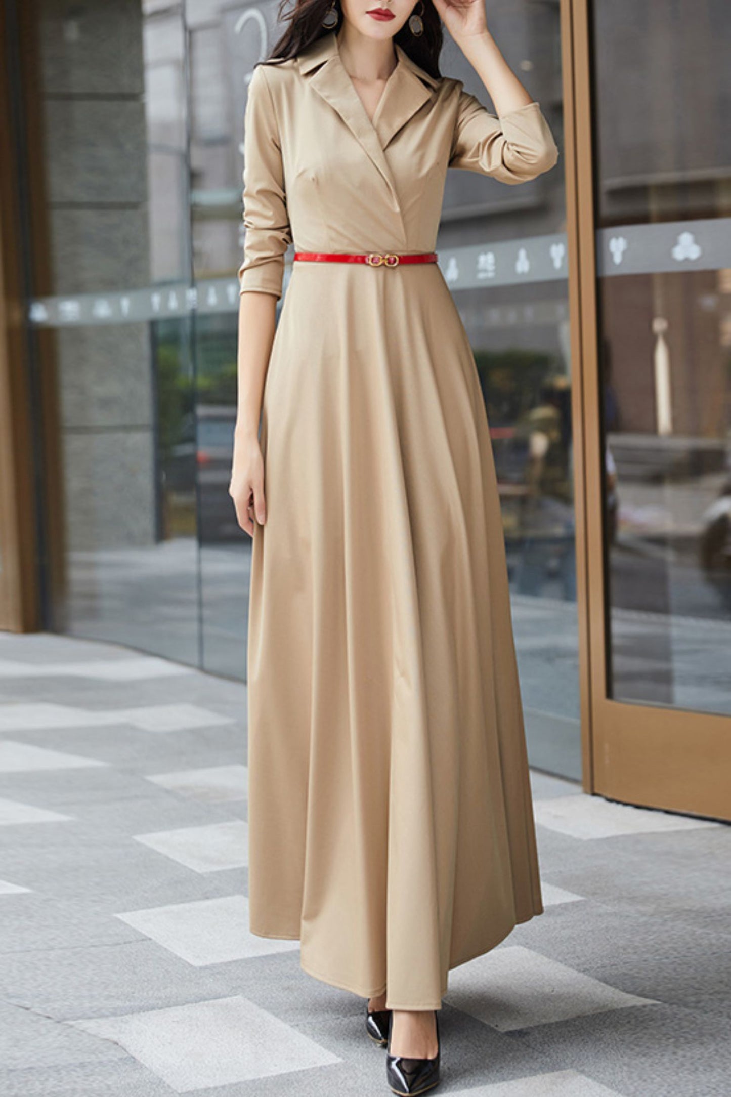 Khaki long-sleeved suit collar long dress C4179