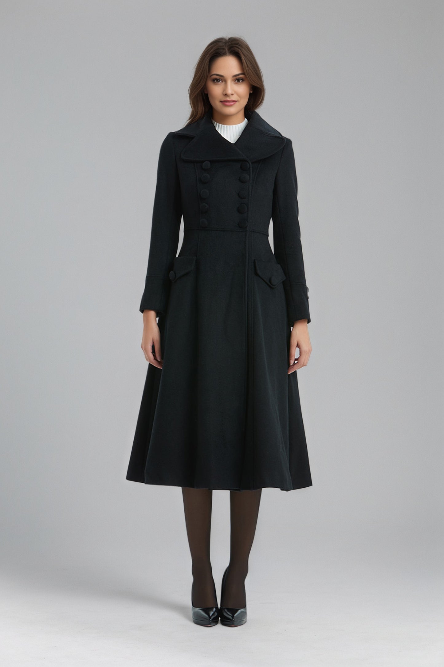 Vintage Black Midi Wool Coat for Winter-Women C5137