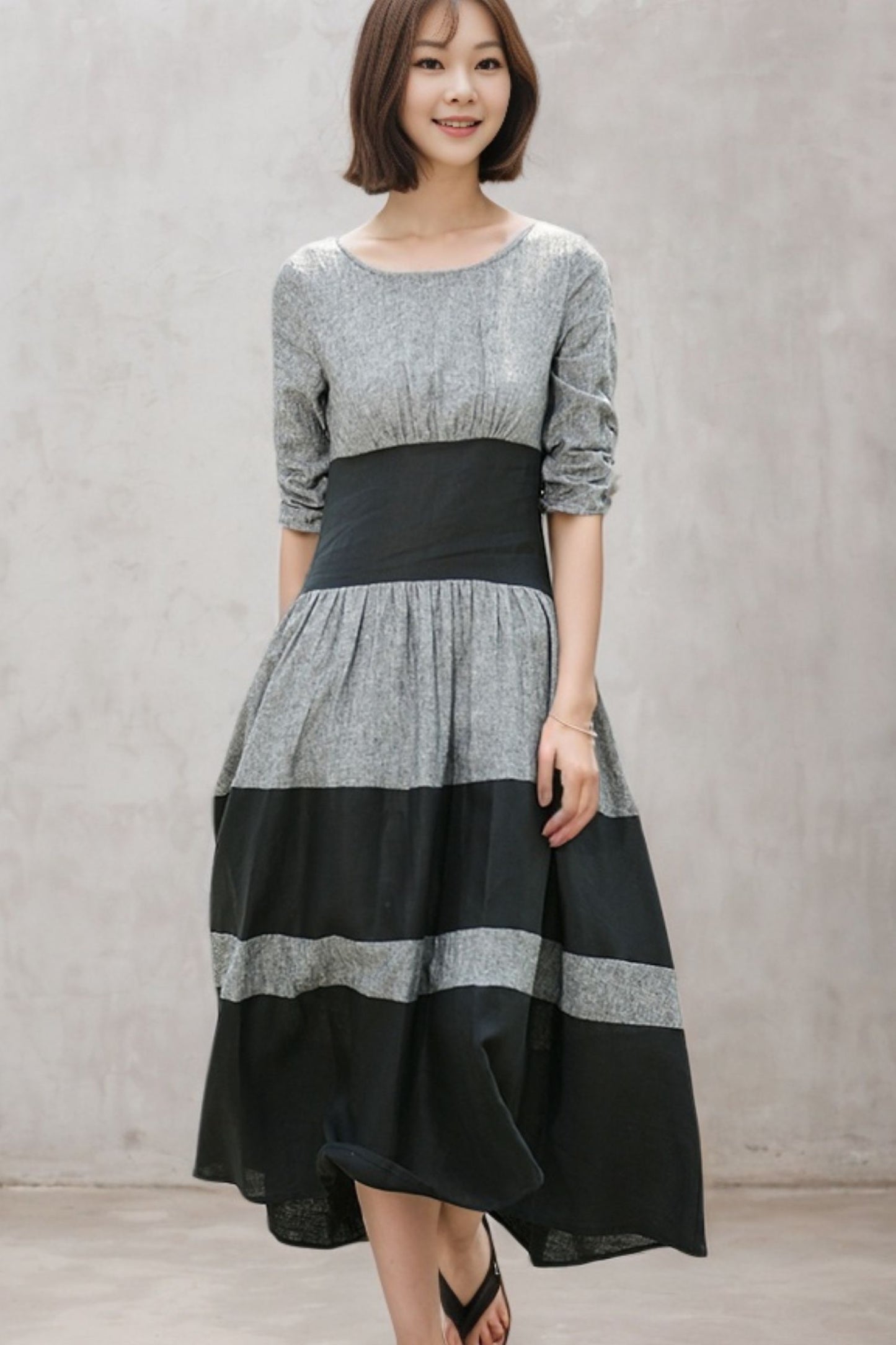 Black grey stripey Loose Fit Linen Dress c4683