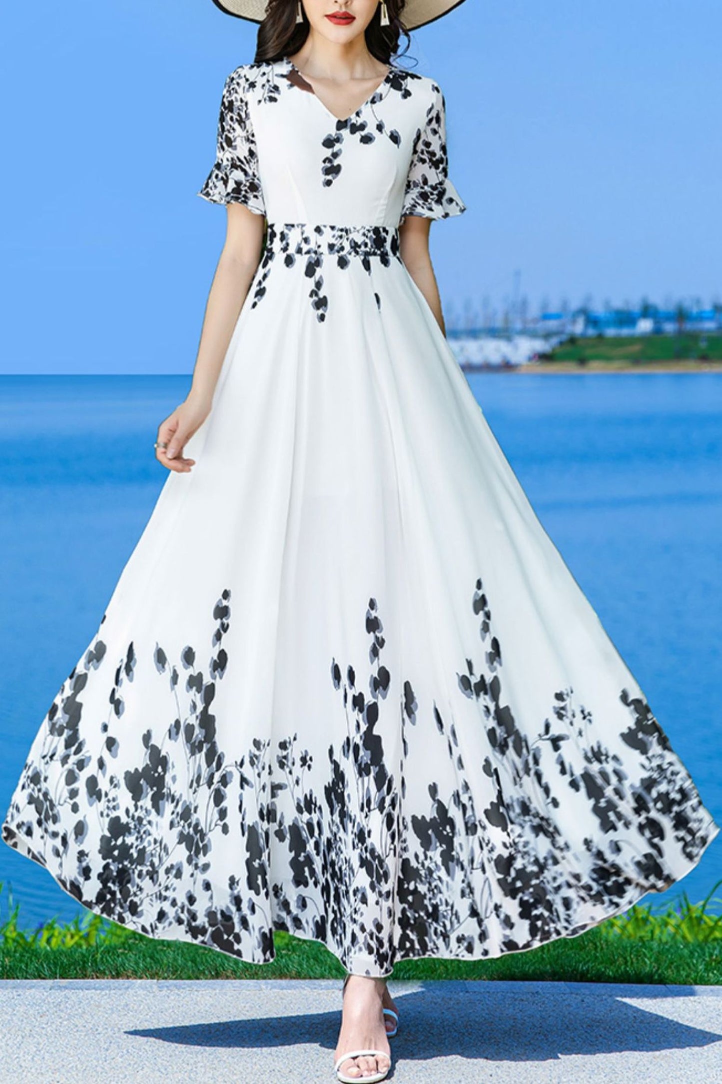 White women chiffon floral V-neck dress C3994