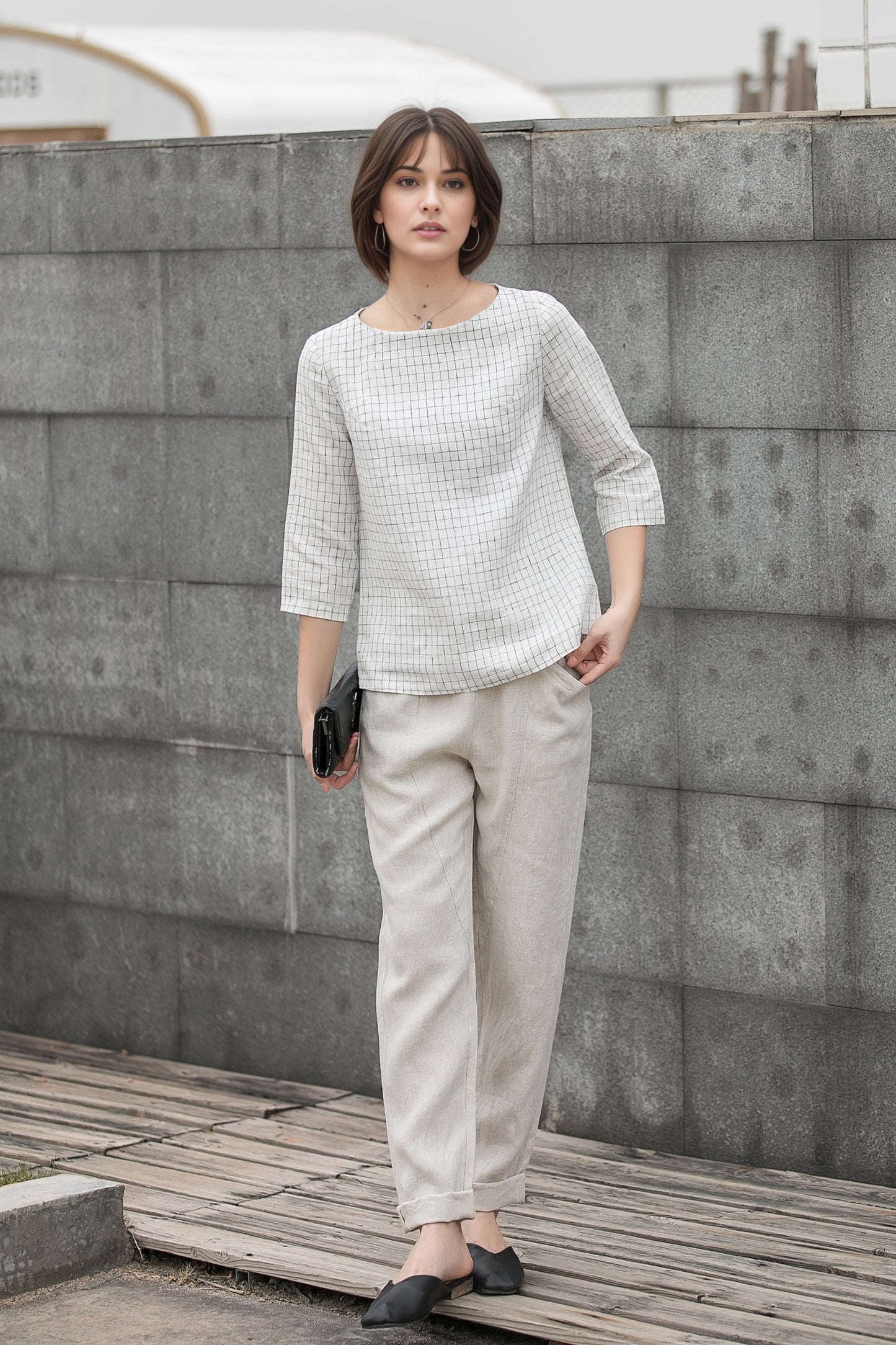 Plaid Linen Blouse: Boat Neck Relaxed Fit Women’s Top, Ylistyle C5410