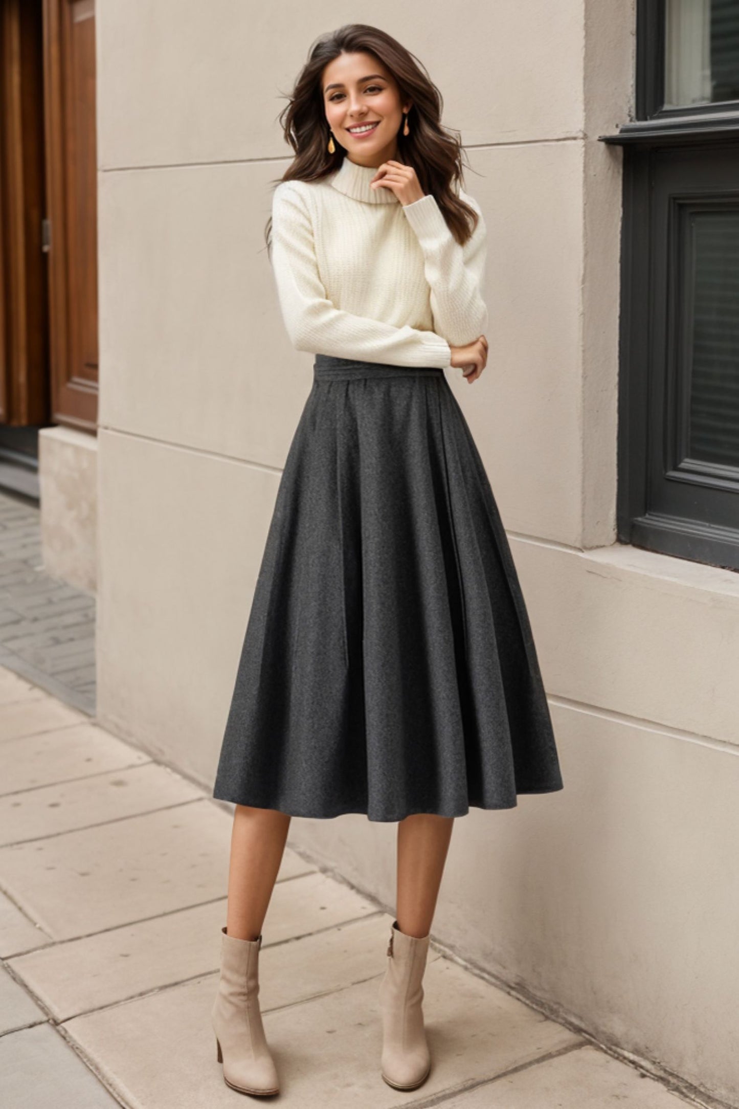 Midi Grey Winter Wool Skirt C4322