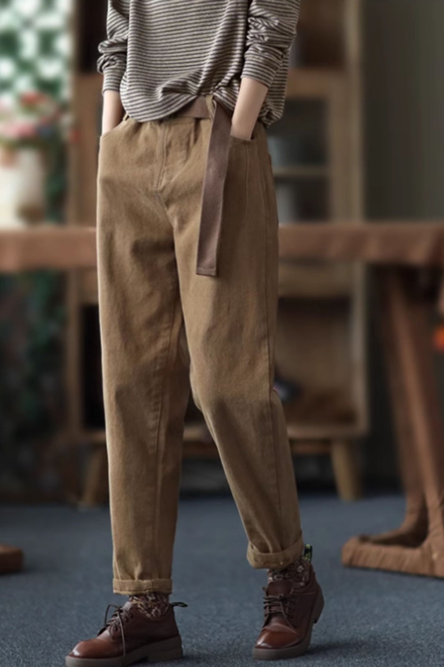 Elastic waist long cotton pants C4668
