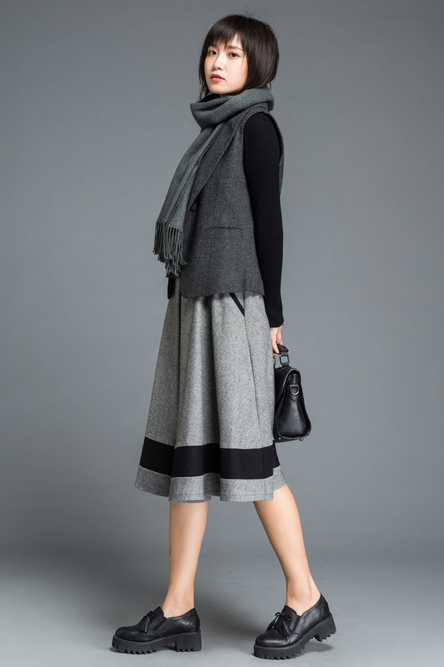 Knee length block color winter wool skirt C1214