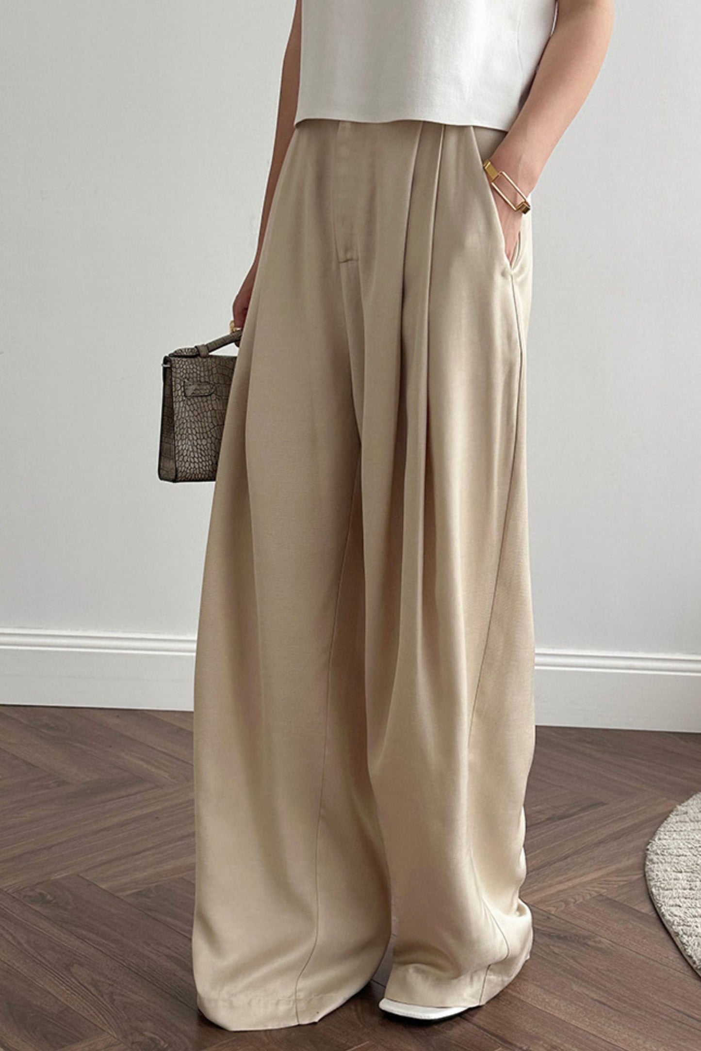 Linen wide leg high waisted pants L0618