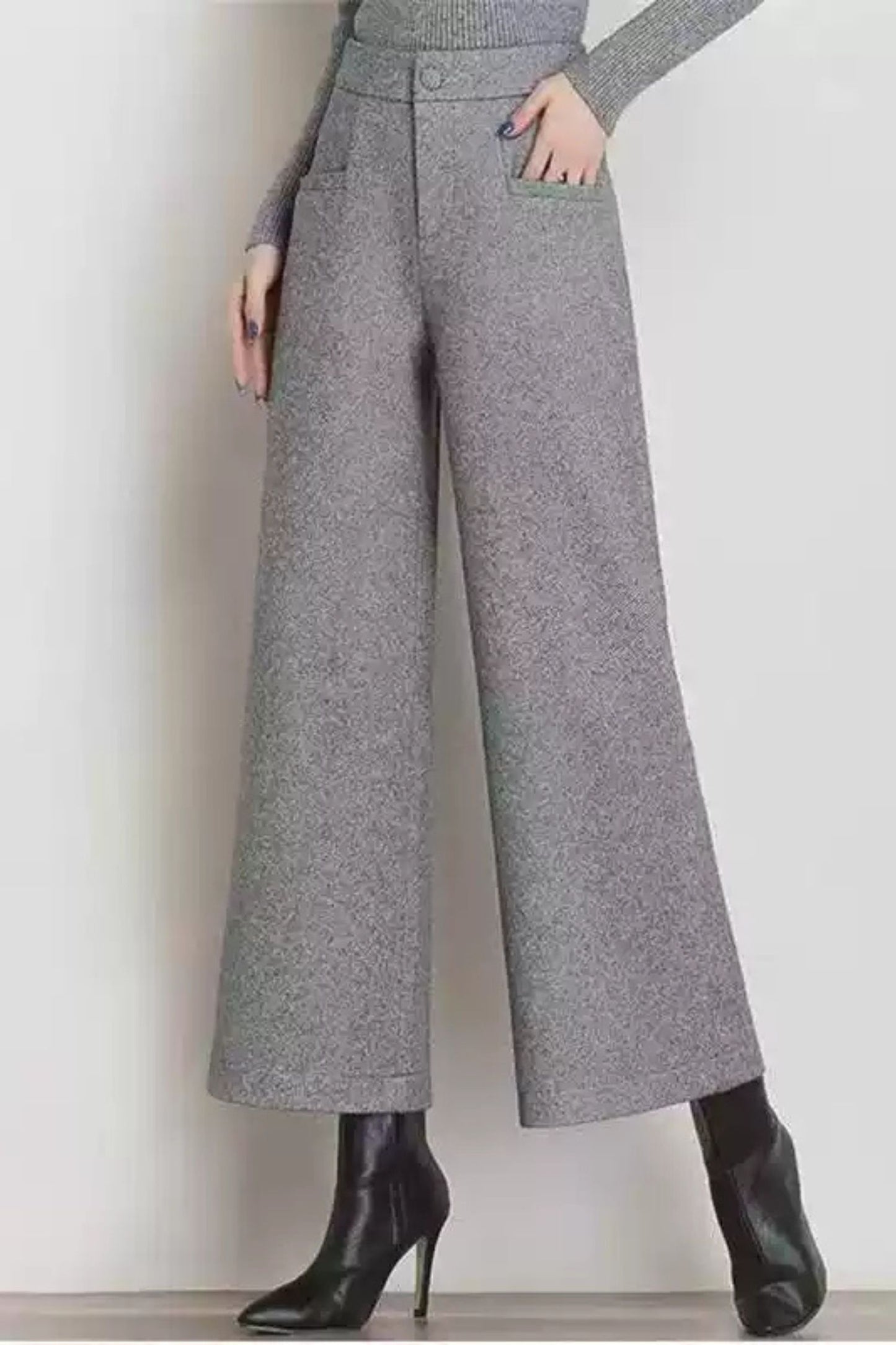 Wide leg womens wool pants with pockets c5078