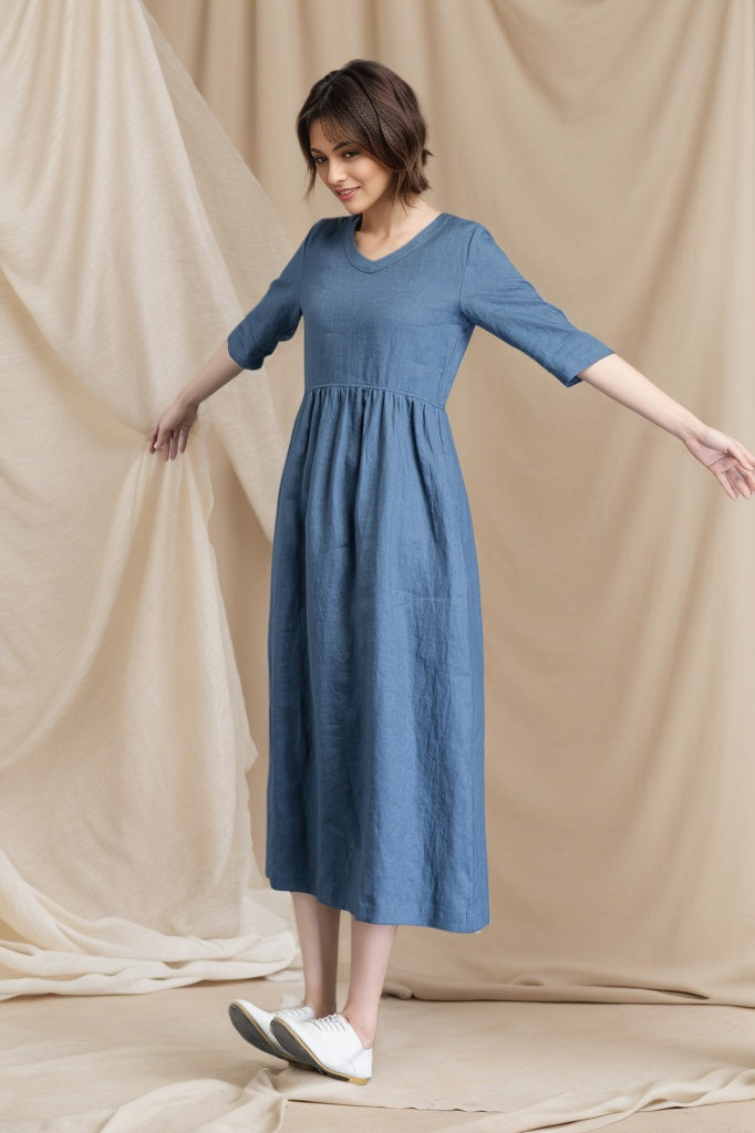 Blue linen dress womens long linen dress with pockets C4800