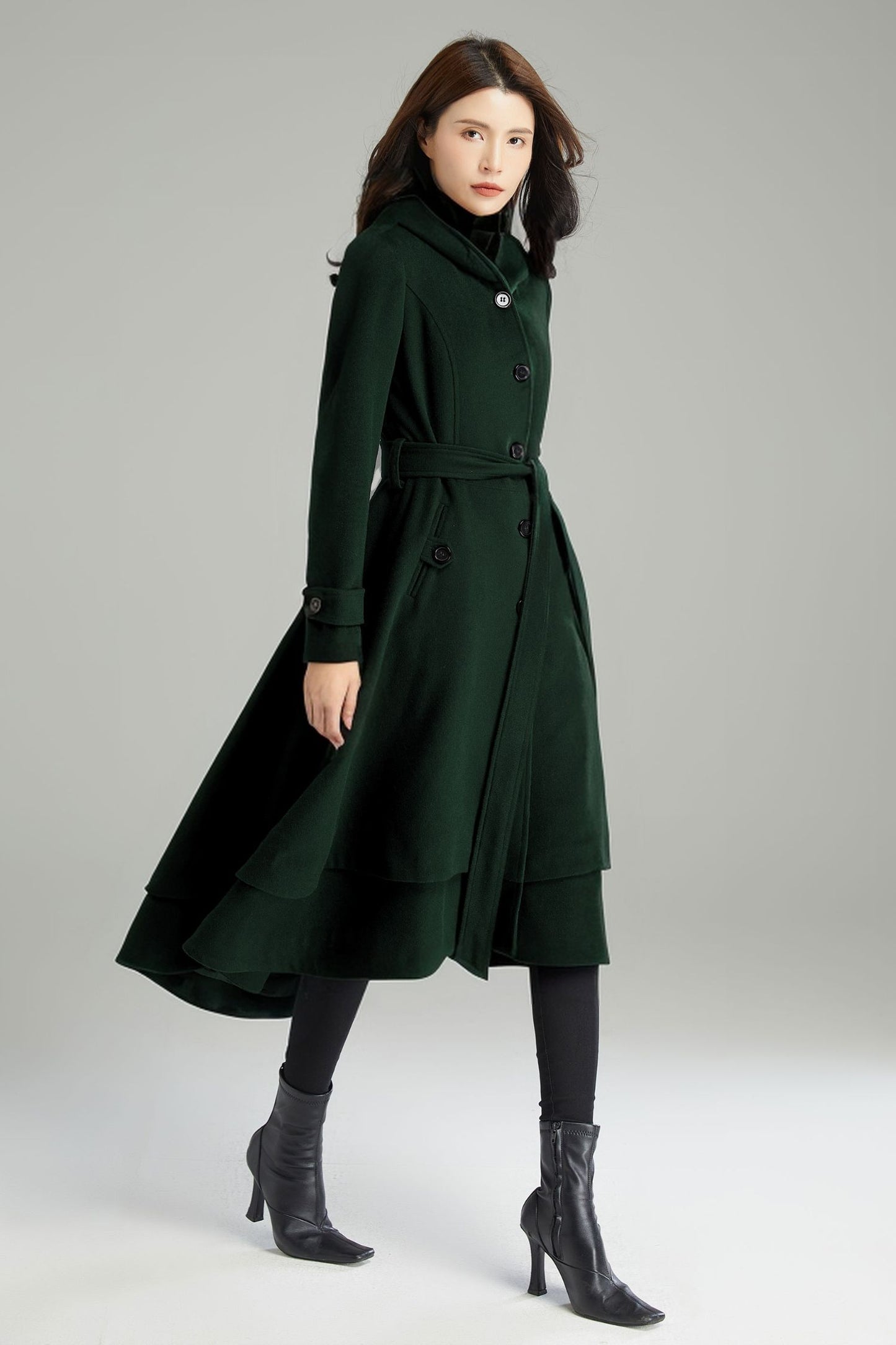 Winter Asymmetrical Green Hooded Wool Coat C4405