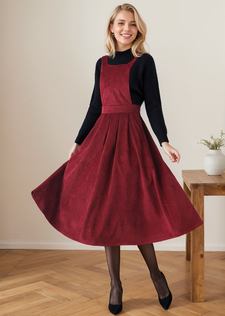 Corduroy Pinafore Midi Pleated Dress C4364