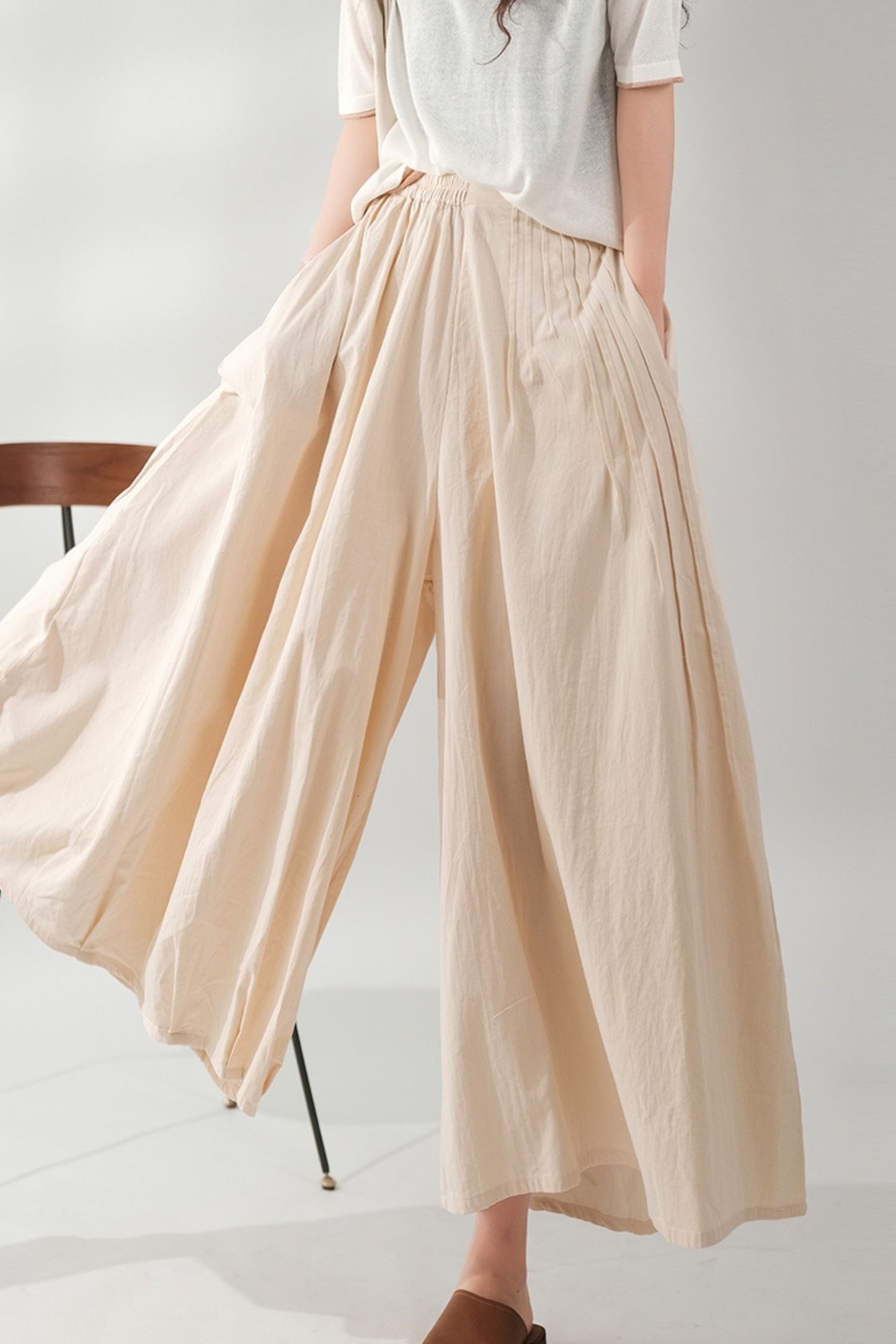 cotton pleat wide leg elastic waist women's pants TT0055