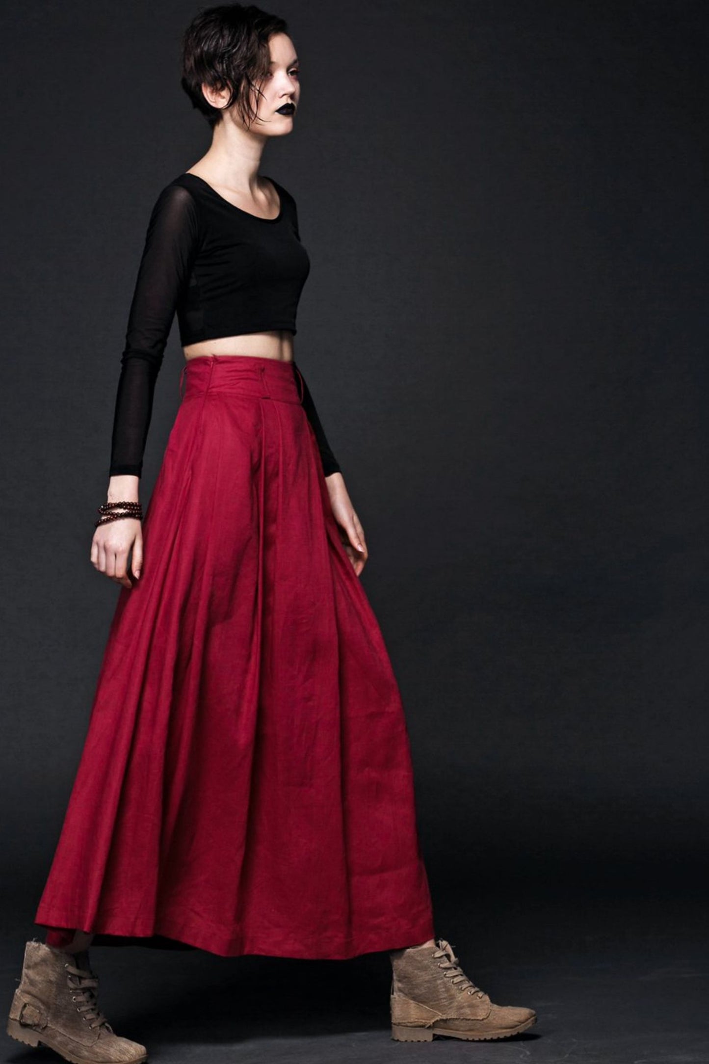Red Linen Long Maxi Womens Skirt C493