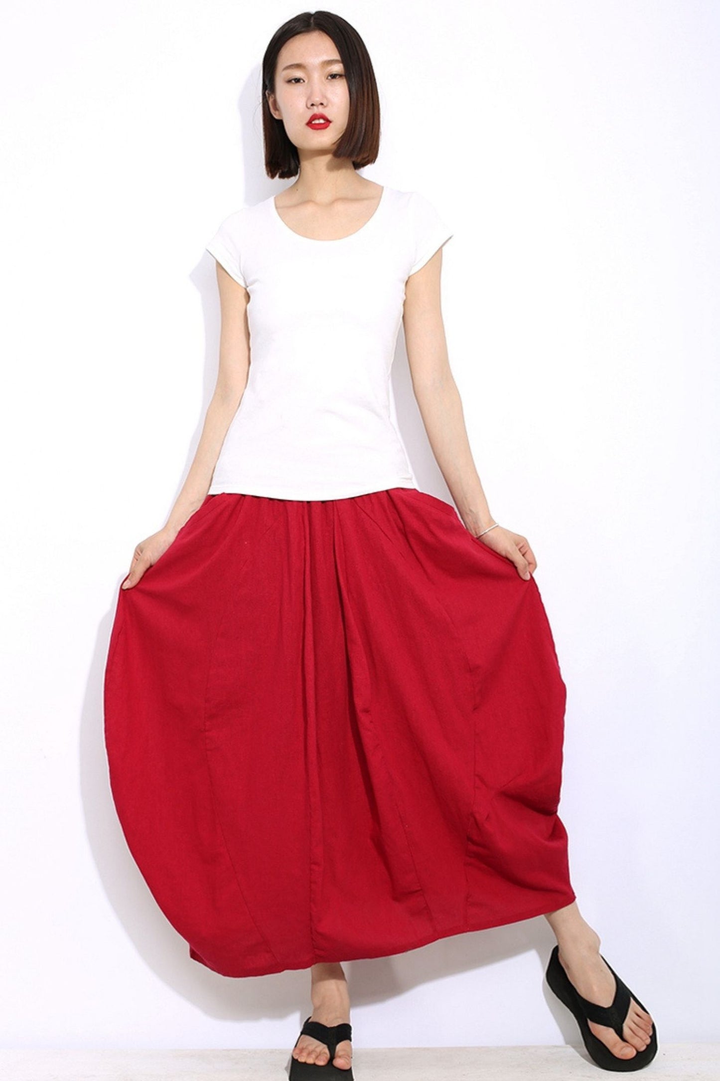elastic waist red linen maxi skirt C329