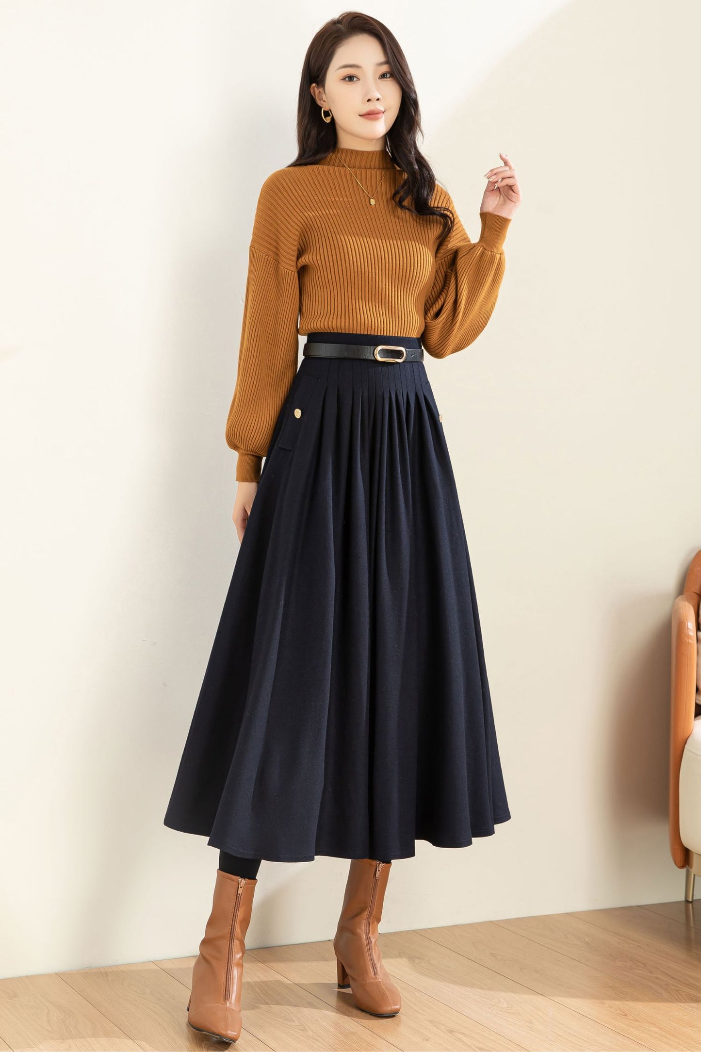Navy Blue Wool Midi Skirt C3603