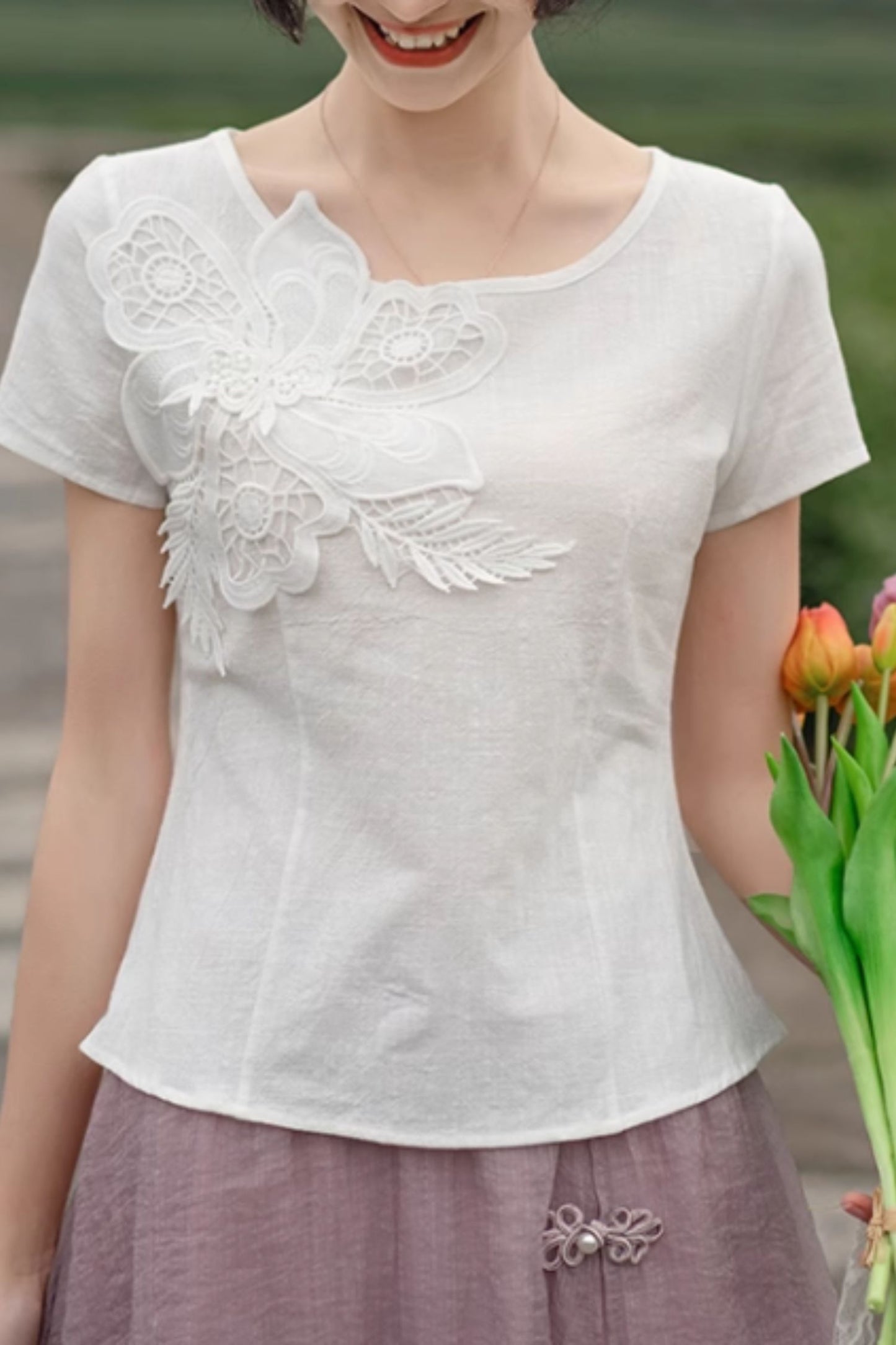 White prom linen top with flower C5049
