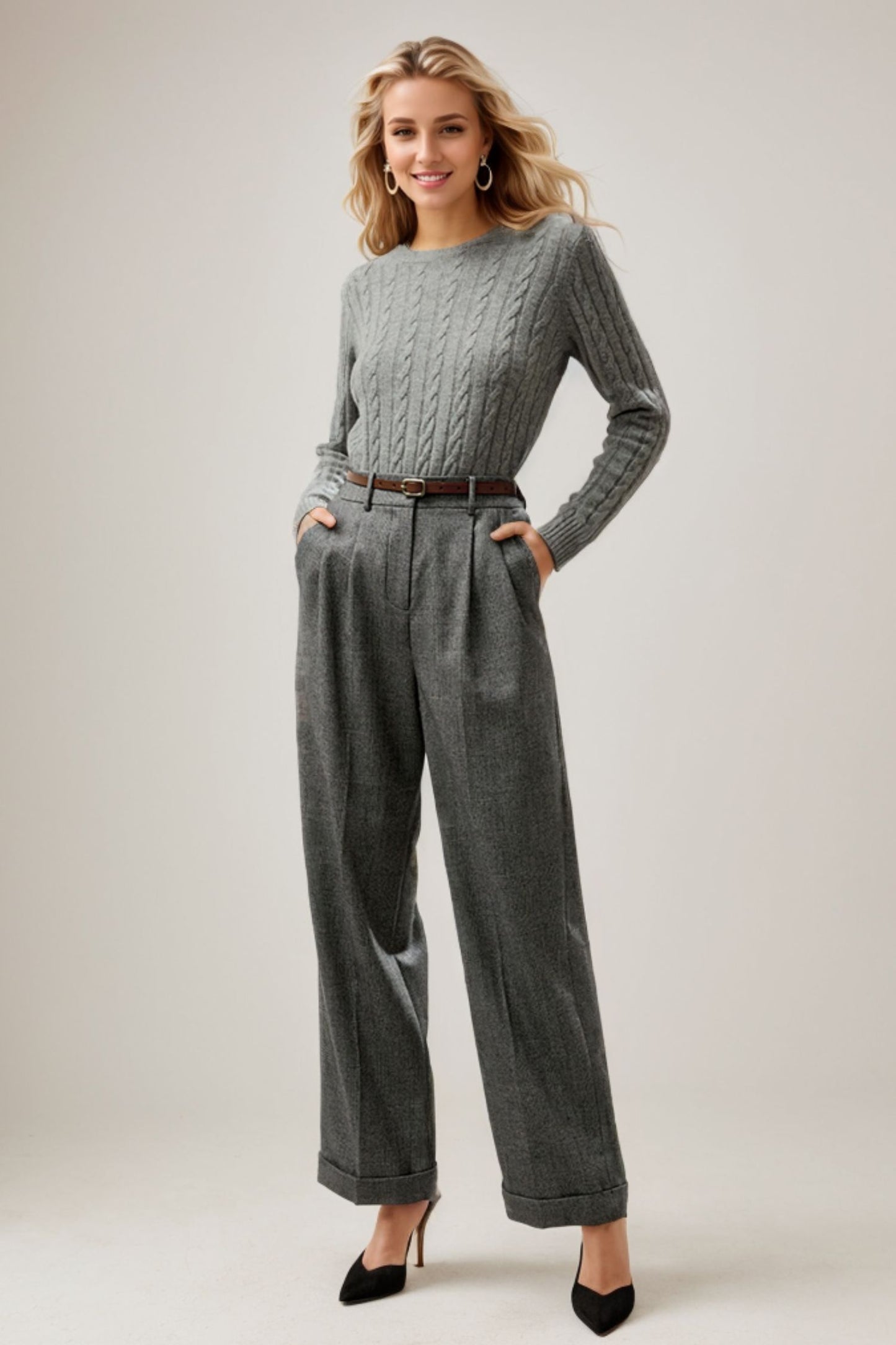 Plaid wide leg winter wool pants women TT0139