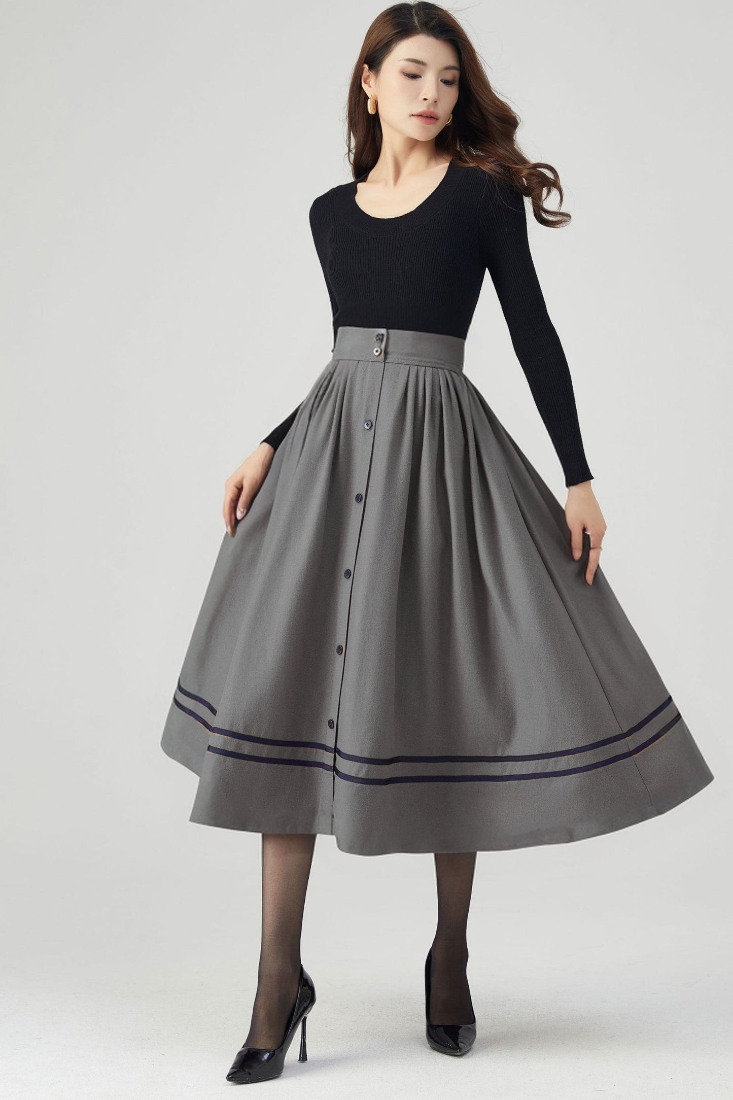 Button Wool Midi Skirt Women C4329