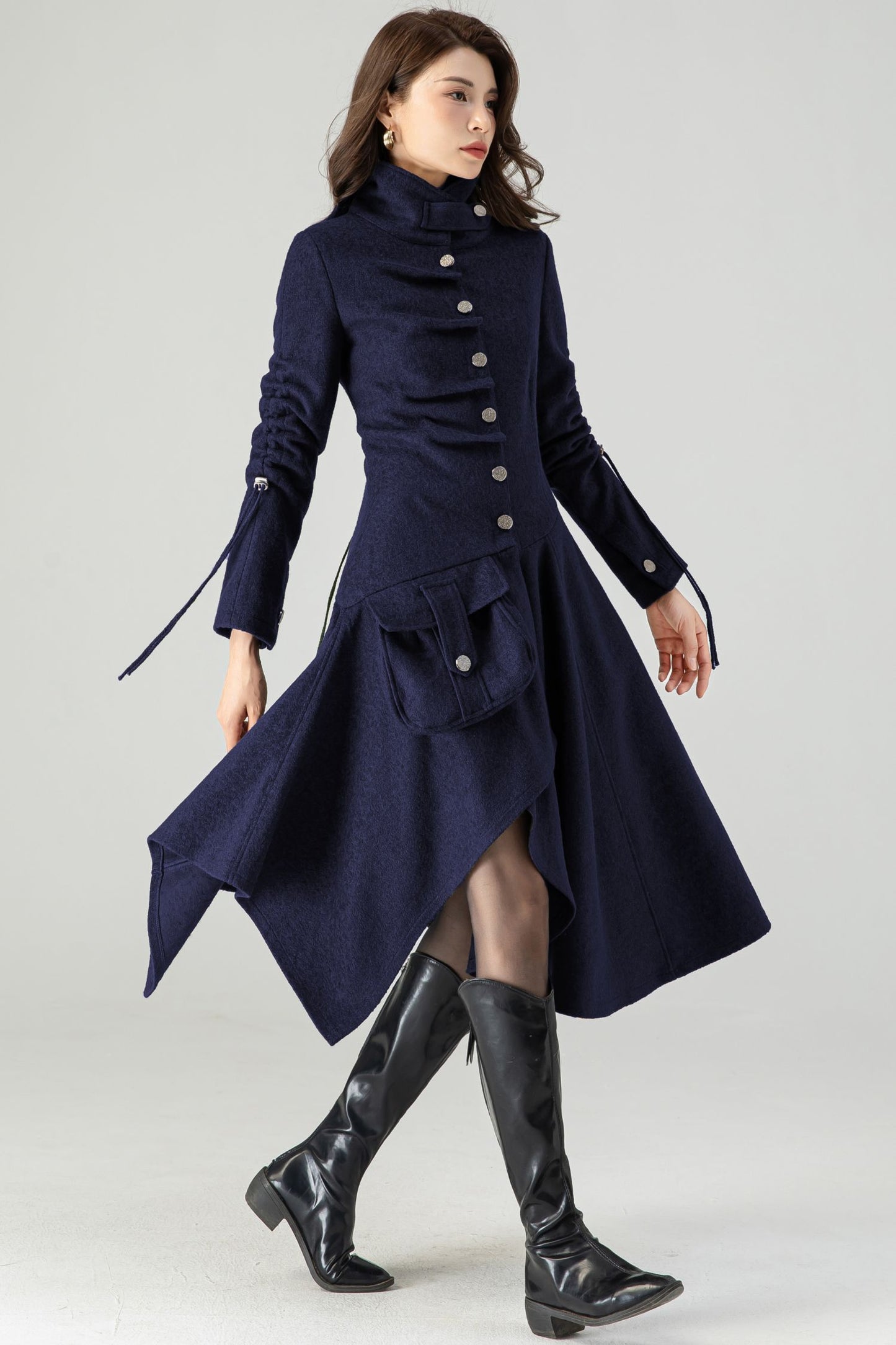 Asymmetrical Single Breasted Navy Blue Wool Coat C4518