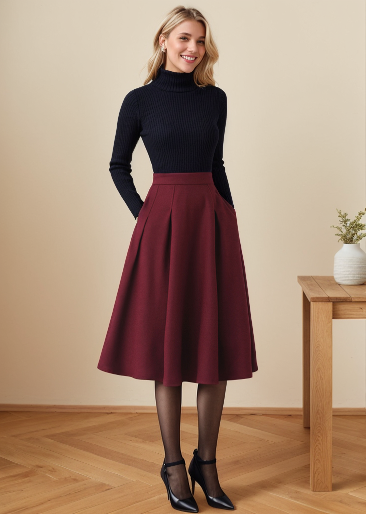 A Line Pleated Midi Wool Skirt Women C4362